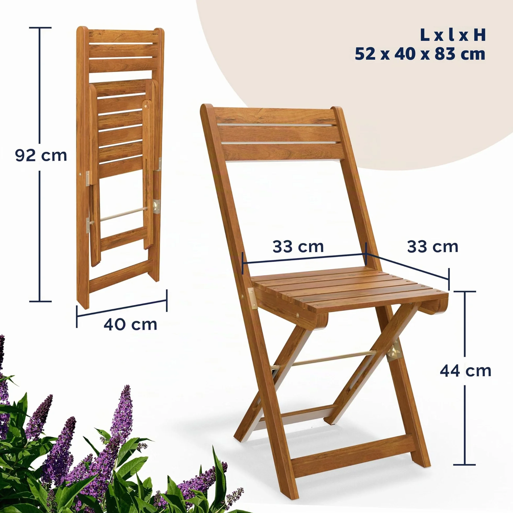 Casaria Salon De Jardin Pliable Bois D'acacia Table et 2 Chaises Résistant Aux Intempéries