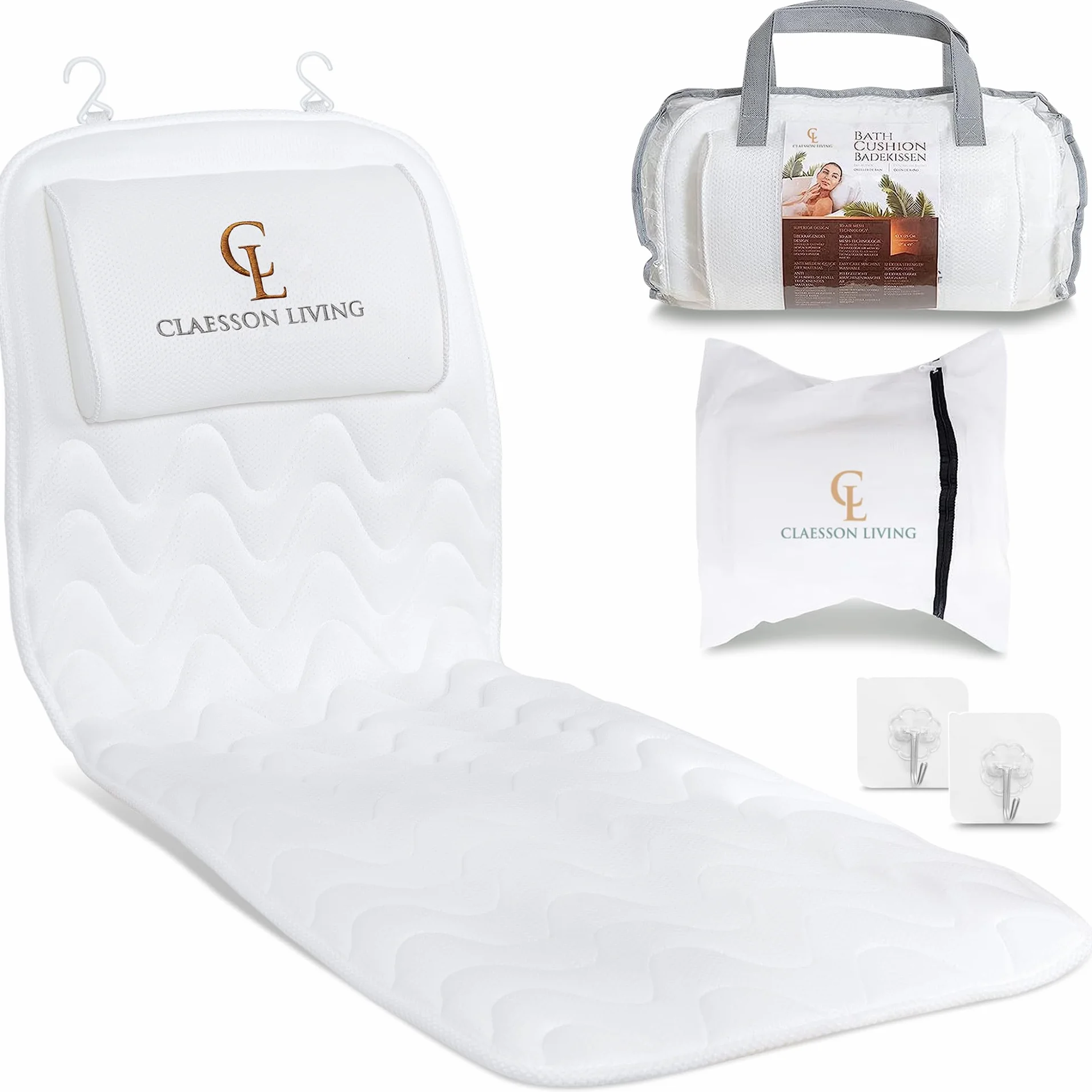 Coussin Baignoire Corps Complet Claessonliving 125x43cm Matelas de Bain avec appuie-tête et Supports pour Le Corps Blanc
