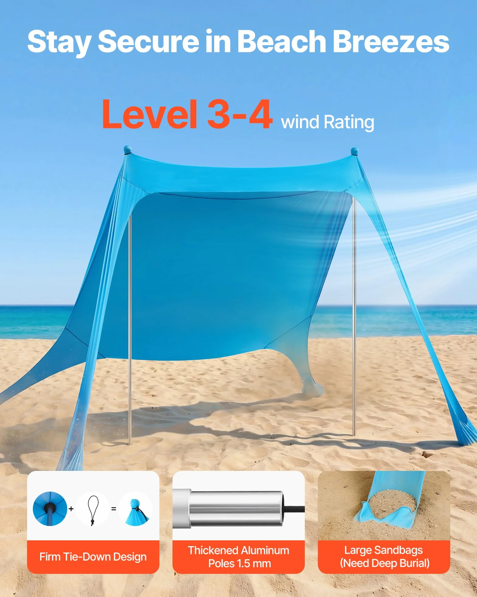 VEVOR Tente de Plage de 2,3x2,3x2 m, Abri Soleil UPF50+, Pare-Soleil Extérieur pour Plage Parc Camping et Pêche, Auvent Protection UV avec Sacs de Sable, Poteaux de Soutien et Pelles à Sable, Bleu