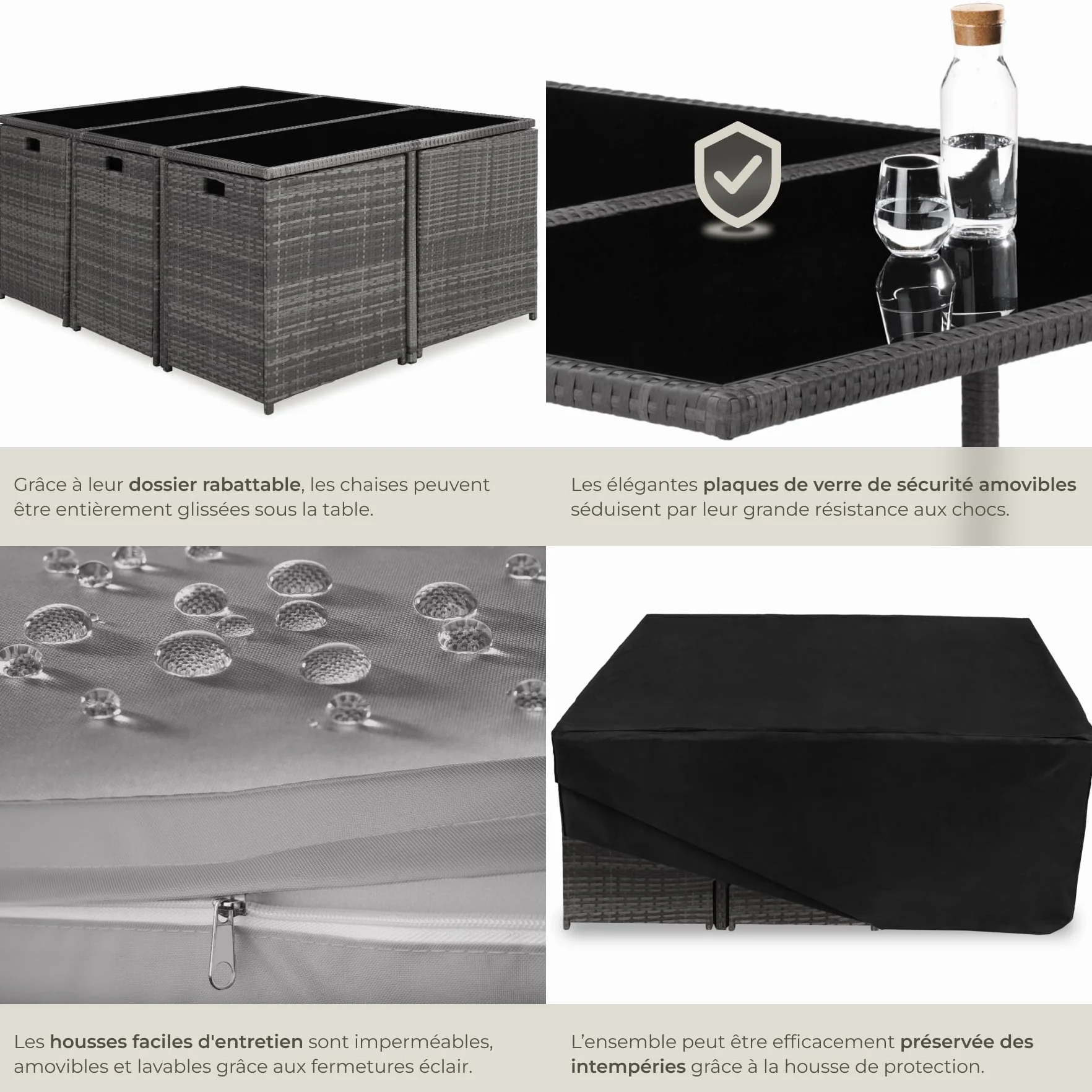 tectake Salon de Jardin Résine Tressée Poly Rotin Table 10 Personnes 6 Fauteuil 4 Tabouret Pouf Housse Protection