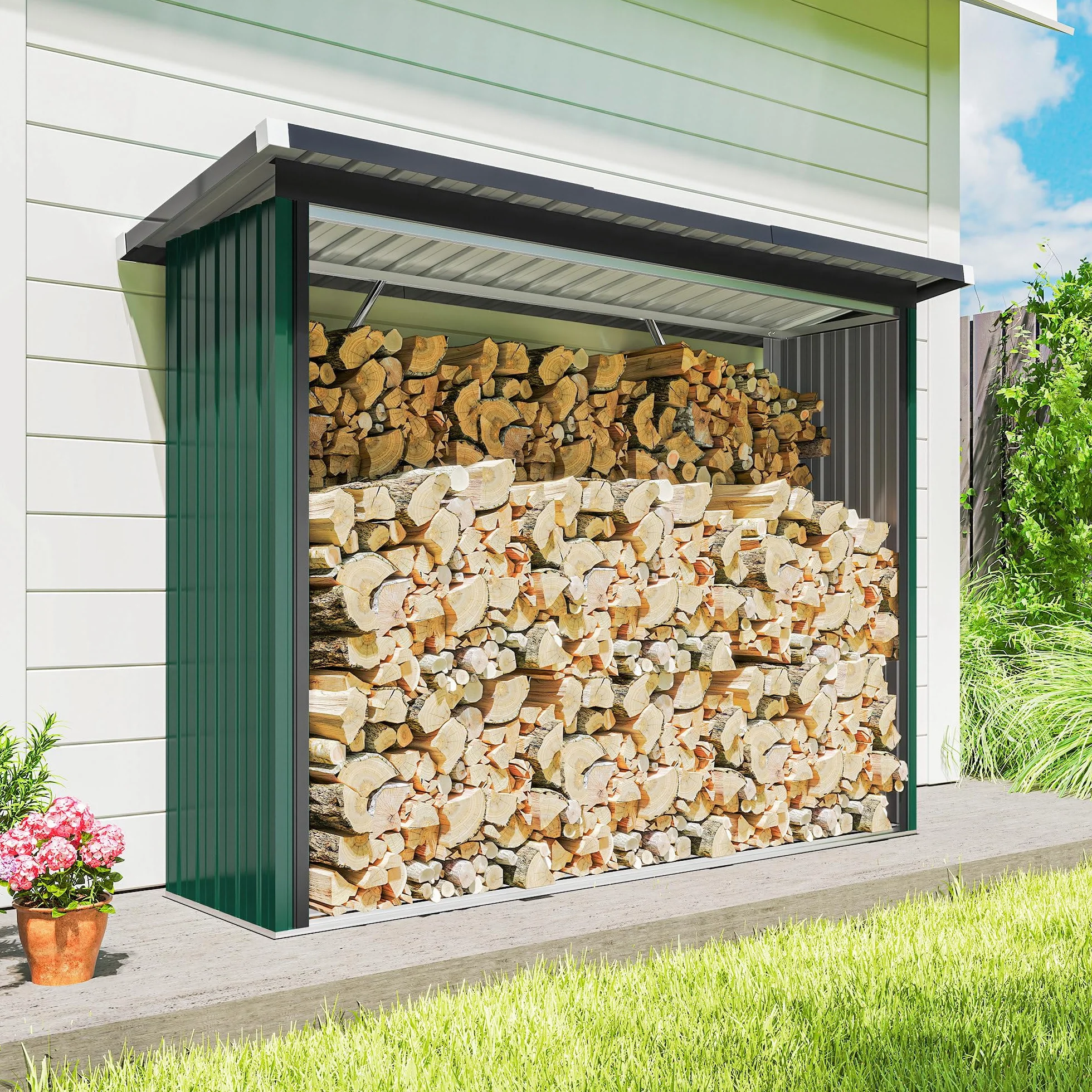 Outsunny Abri-bûches Acier Galvanisé Support Bois de Chauffage 213x66,5x150cm Vert