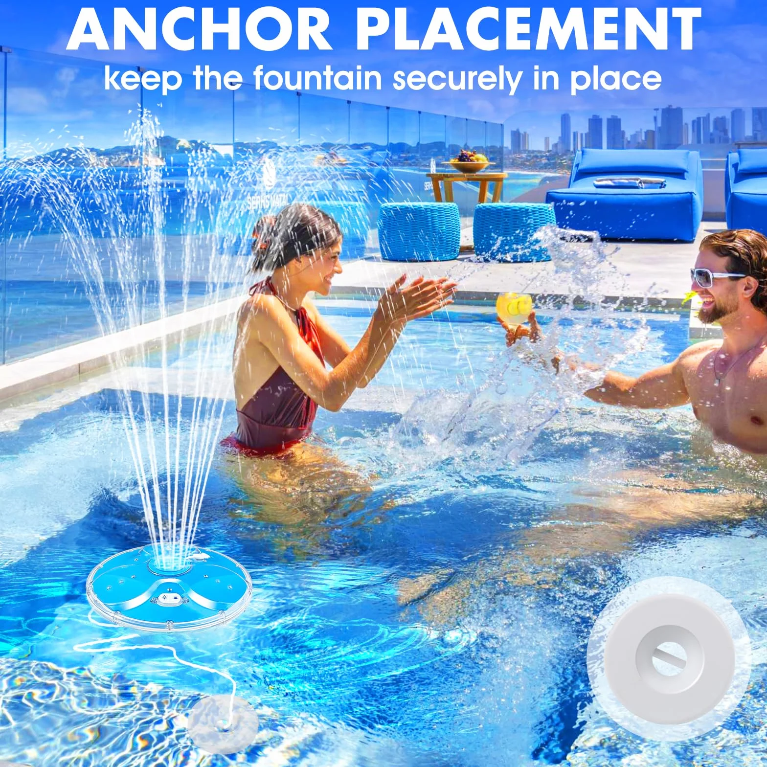 DeeprBling Fontaine Flottante Piscine avec Lumière, Télécommande, 2 Modes de Pulvérisation, 7 Modes de Lumière, pour Piscine Hors Sol