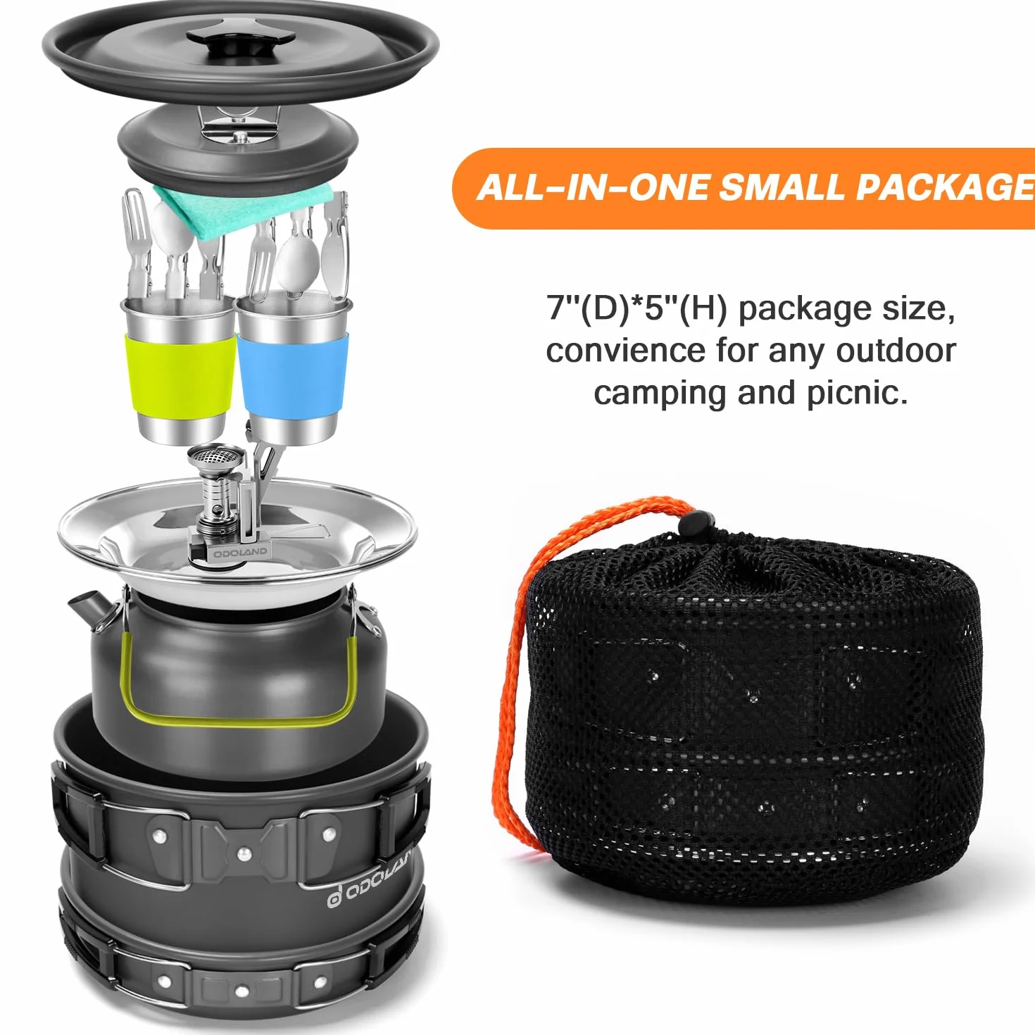 Odoland Multi-PCS Kit de Casseroles Camping, Cookware Kit en Alliage d'Alu, Légère, Durable et Compact avec Réchaud de Camping, Bouilloire, Tasse pour Pêche/Survie/Randonnée/Outdoor/Pique-Nique