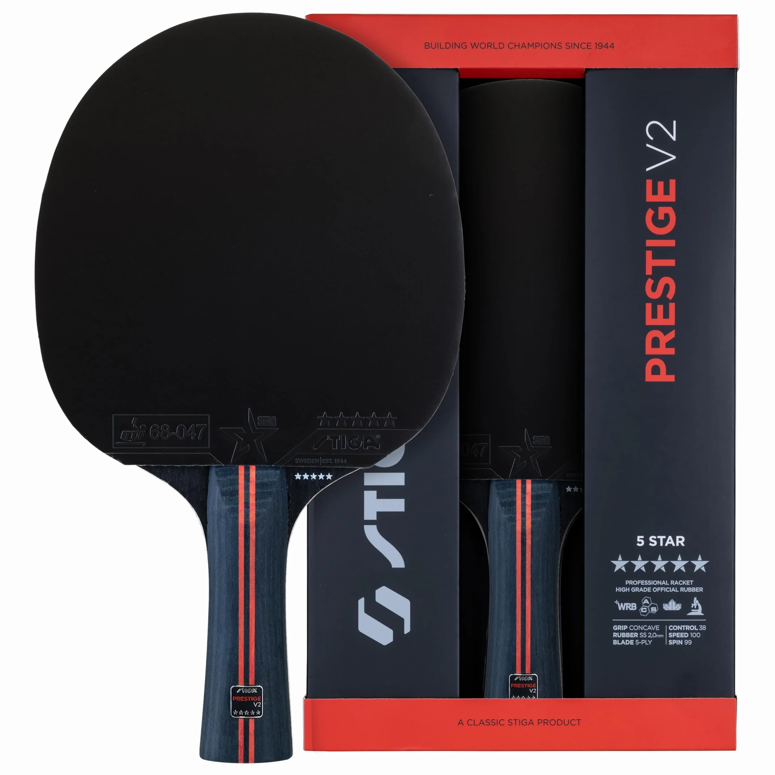 STIGA Raquette de Tennis de Table Prestige V2 – Raquette 5 Étoiles Offensif, Haute Vitesse, Bois 5 Plis, Manche Concave, Technologies ACS & WRB, Revêtement ITTF Star 5, Mousse 2,0 mm