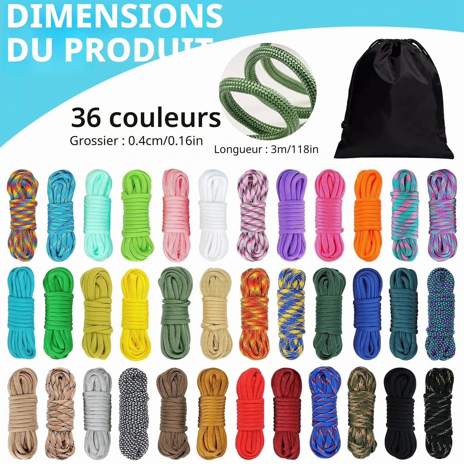 Kit de Corde Paracord 550 3m 36 Couleurs, Paracorde Nylon 4mm 7 Brins pour Bracelet Survie Camping