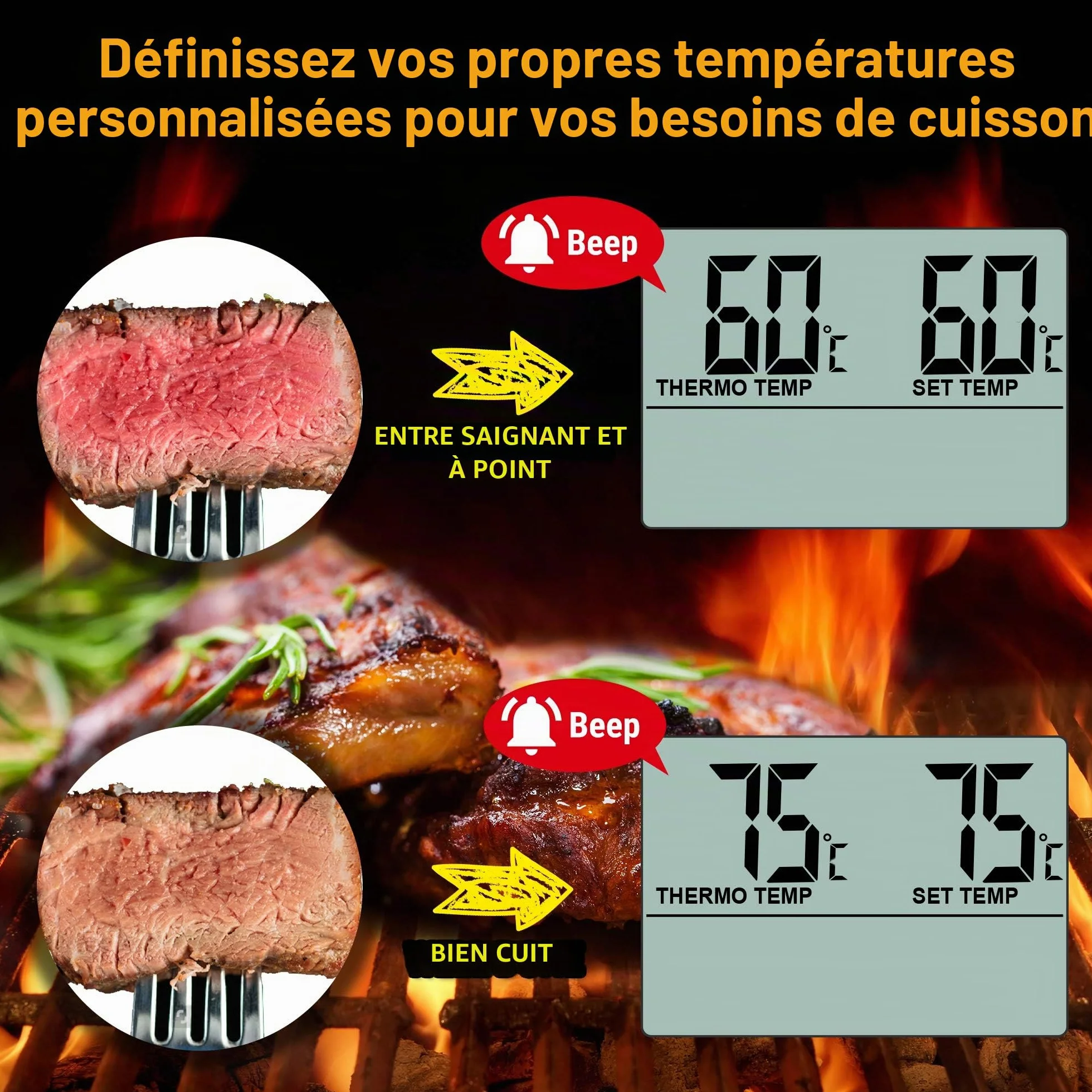 ThermoPro TP16 Thermomètre Cuisine Numérique avec Sonde de Température Acier Inoxydable