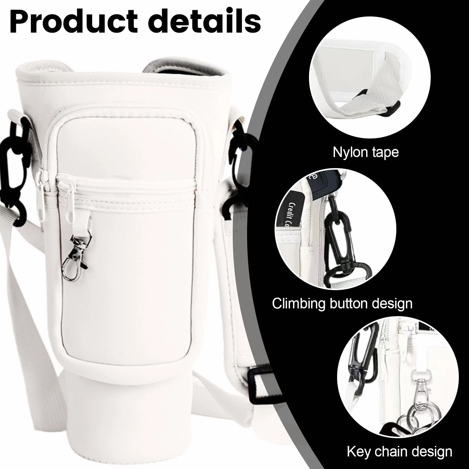 Sac Bouteille d'eau pour Tasse Stanley Cup 40oz, Porte Gourde Sac à Dos avec Sangle Ajustable et Poche pour Téléphone, Stanley Cup Bag pour Marche Camping Course Cyclisme, Blanc