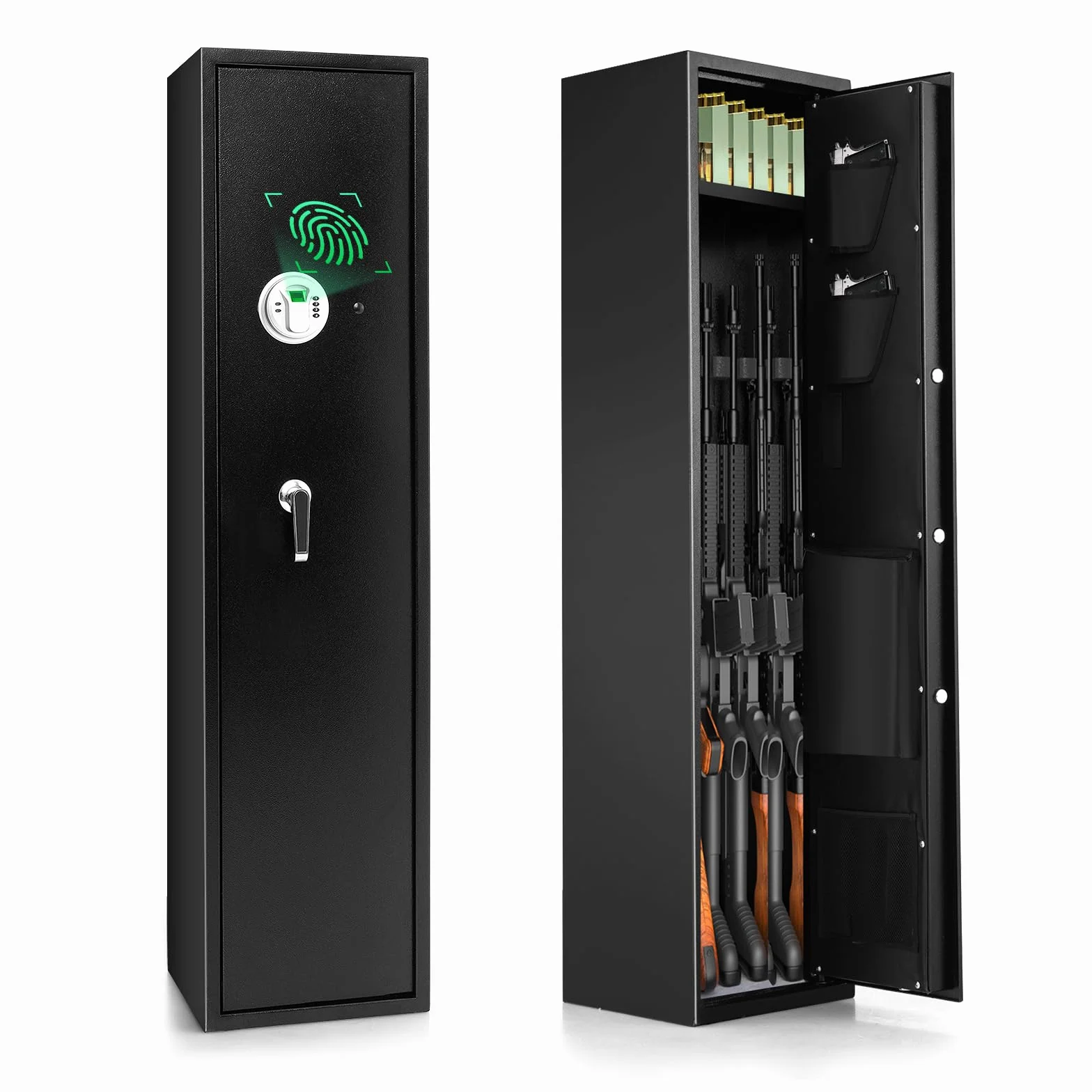 COSTWAY Armoire à 5 Fusils avec Clavier Numérique, Coffre-fort Biométrique avec Pochettes à Pistolet, Boîte Verrouillable Mode Silencieux, pour Fusils et Carabines à la Maison