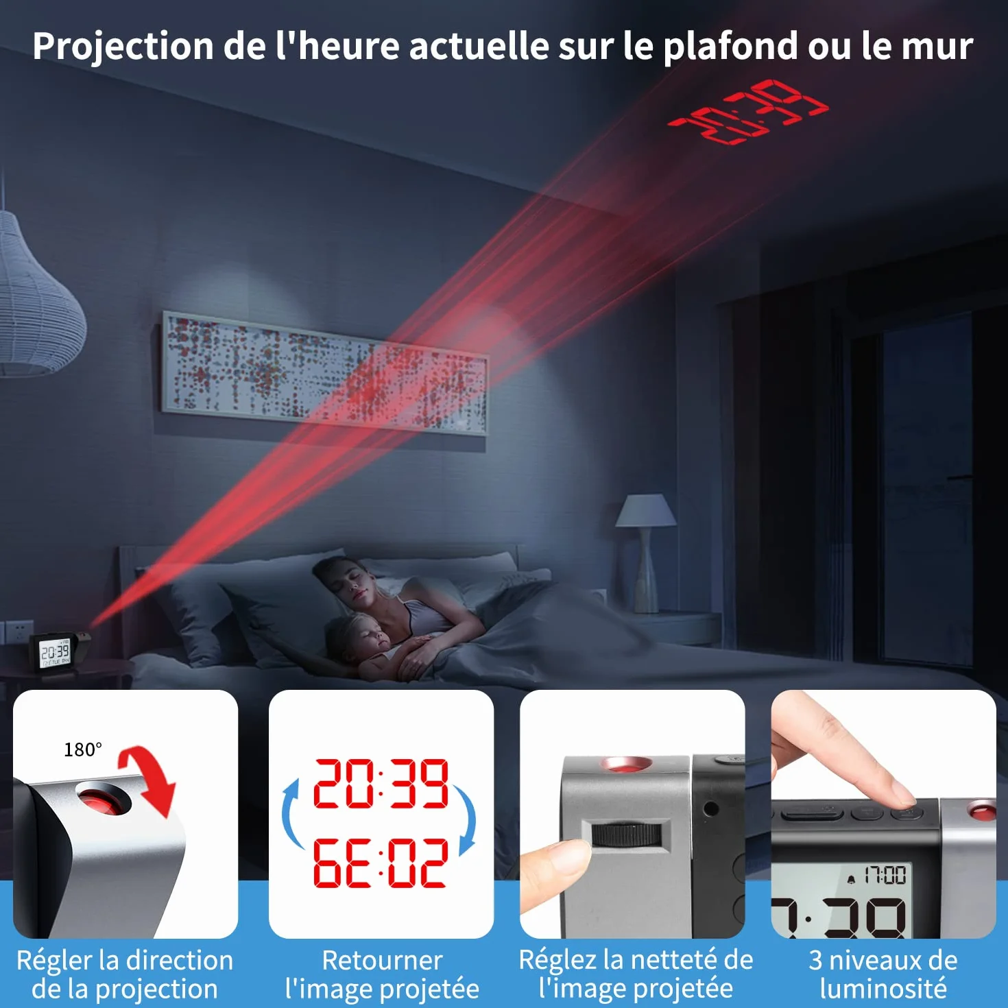 Horloge à Projection numérique LCD avec température, date, 12/24H, réveil de bureau réglable (Rouge)