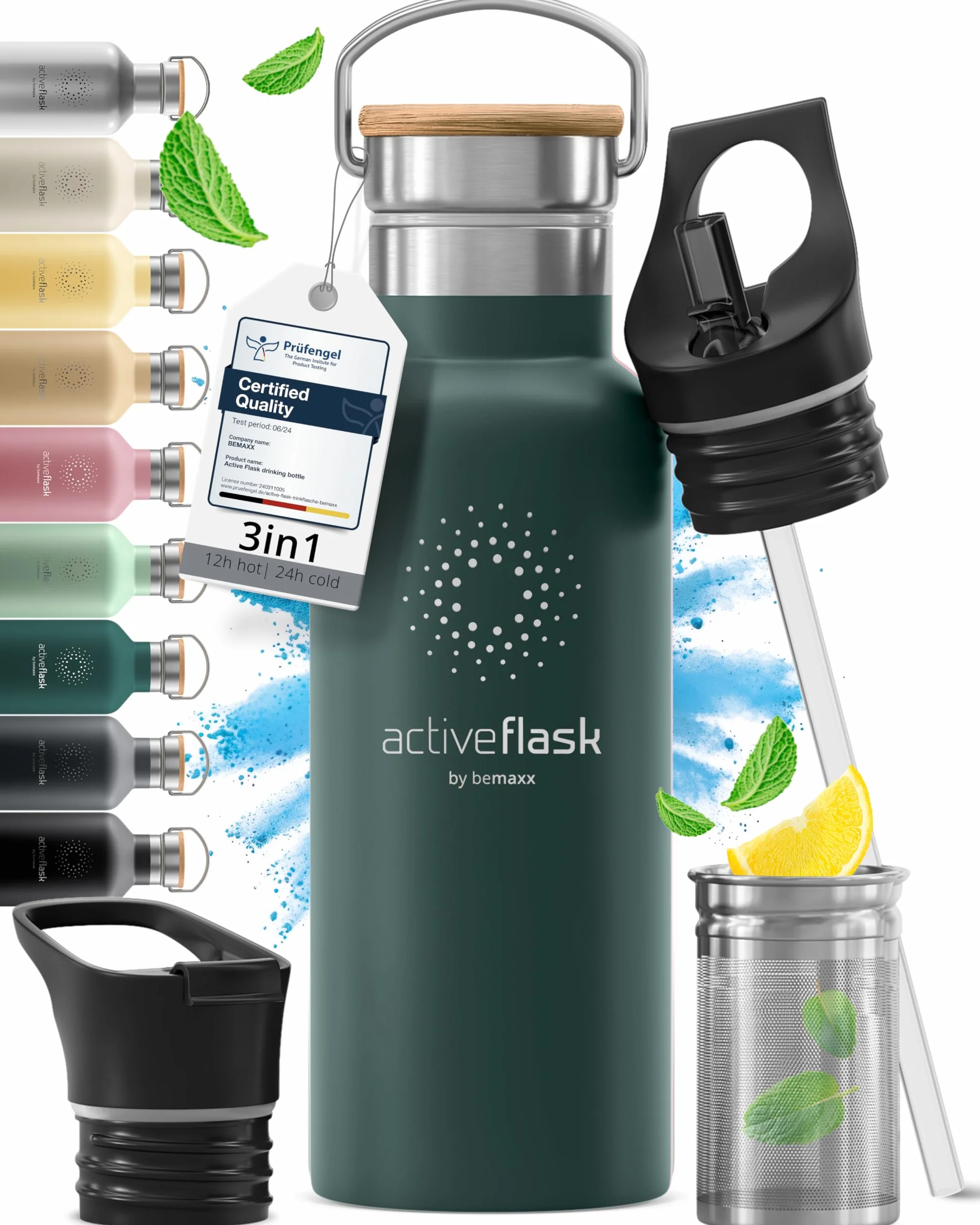 Gourde Inox Isotherme ACTIVE FLASK 1l/500ml sans BPA + Paille (3 Bouchons) | Bouteille d’eau Acier Inoxydable Isolée, Thermos Réutilisable | Camping Velo Sport Running Randonnée Enfant, Café The