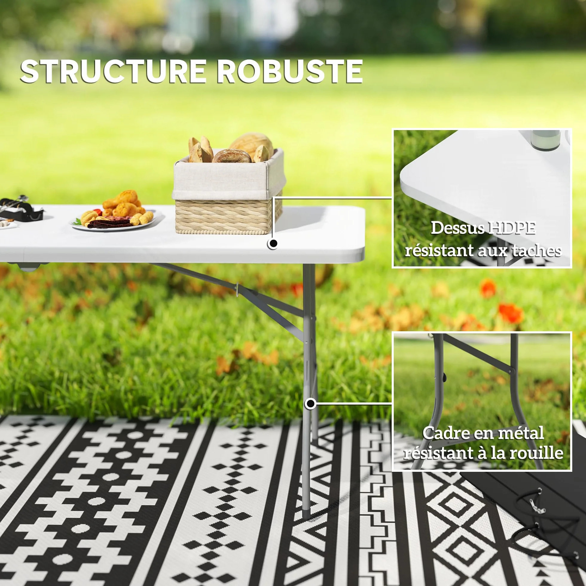 Outsunny Table Pliante HDPE 180x74x74 cm Camping Extérieur Blanc