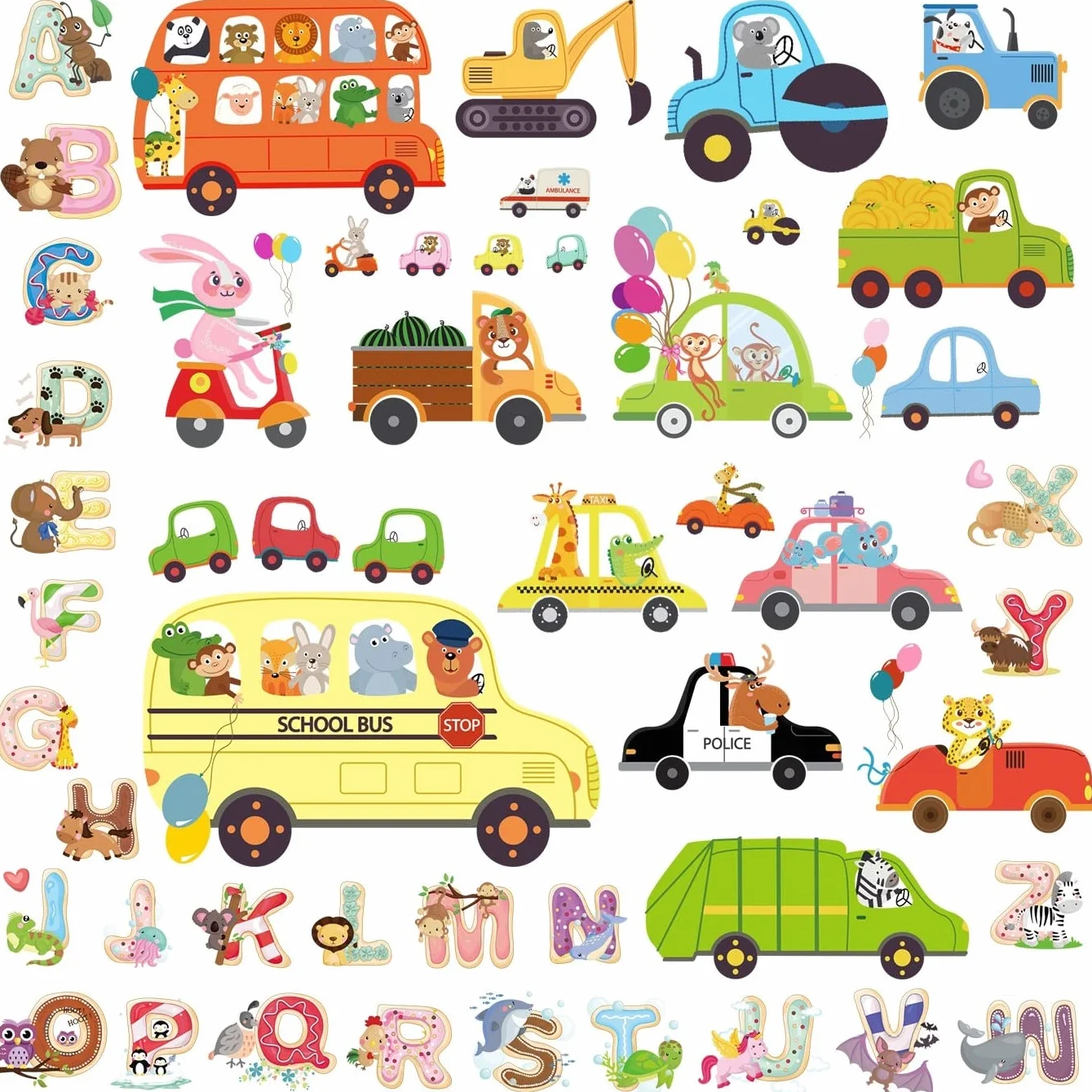 Stickers fenêtre enfant VOITURE + LETTRES réutilisable 62 pièces animaux jungle décoratifs vitres