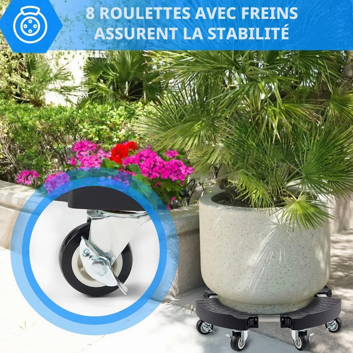 Support Plante à Roulettes Réglable 38-58CM 200KG Porte Plante Robuste Extérieur Intérieur