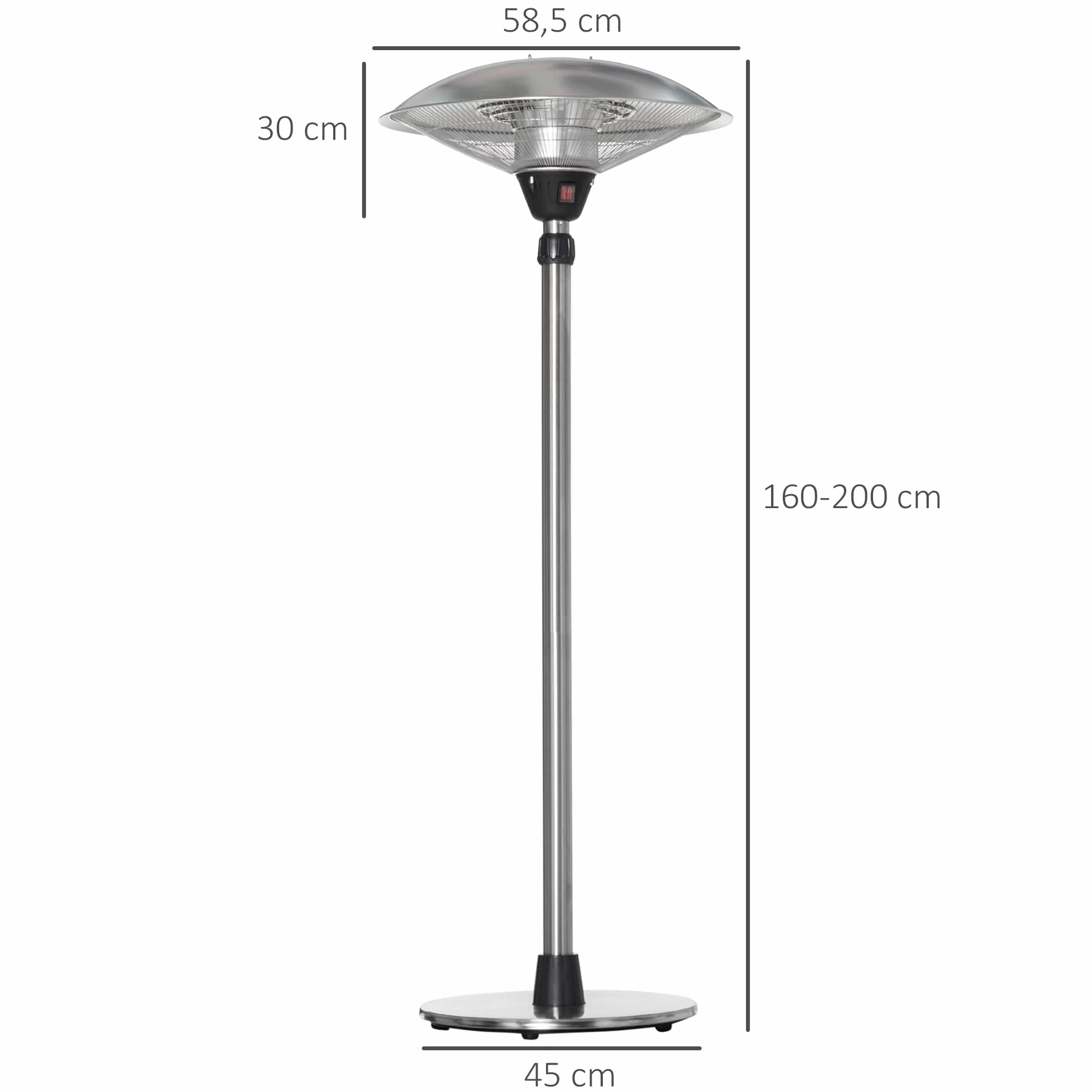 Outsunny Parasol chauffant électrique 3000W IP44 chauffage infrarouge sur pied acier inox argent hauteur réglable 160-200 cm