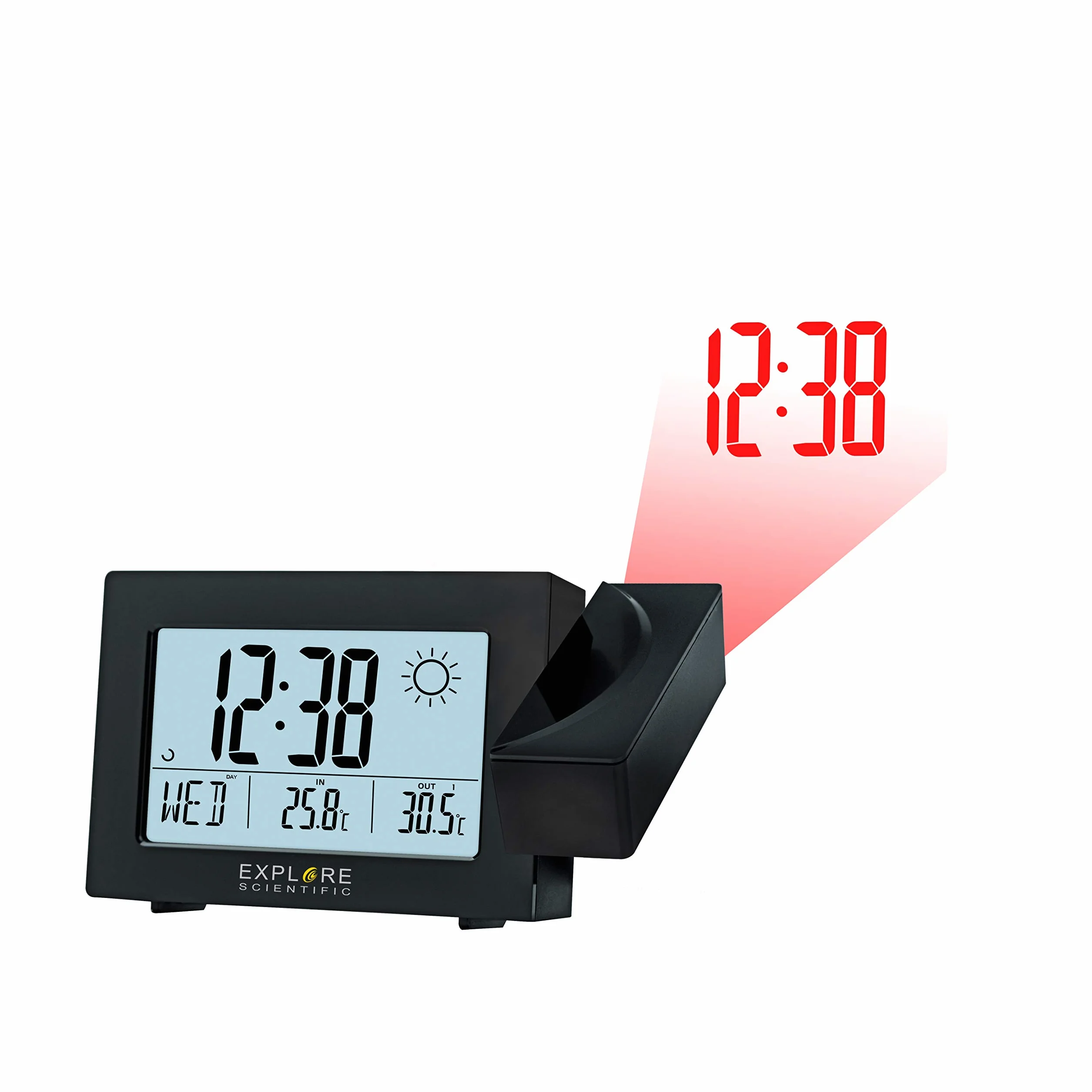 Explore Scientific RPW3008 Horloge Projection Radiocommandée Prévisions Météo Double Alarme USB Noir
