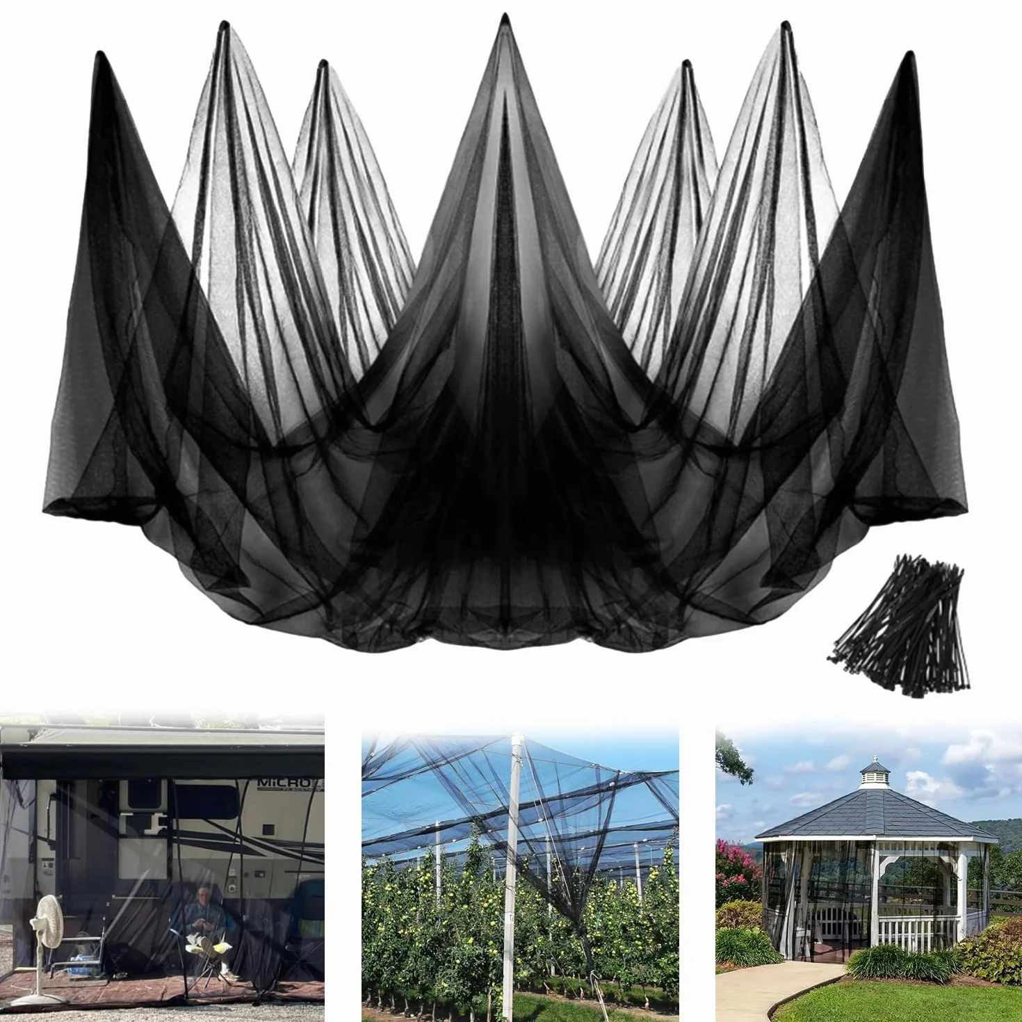 Moustiquaire Tonnelle Extérieure, 3 m x 6 m, Noir, Protection Anti-Insectes pour Pergola, Patio, Terrasse et Jardin