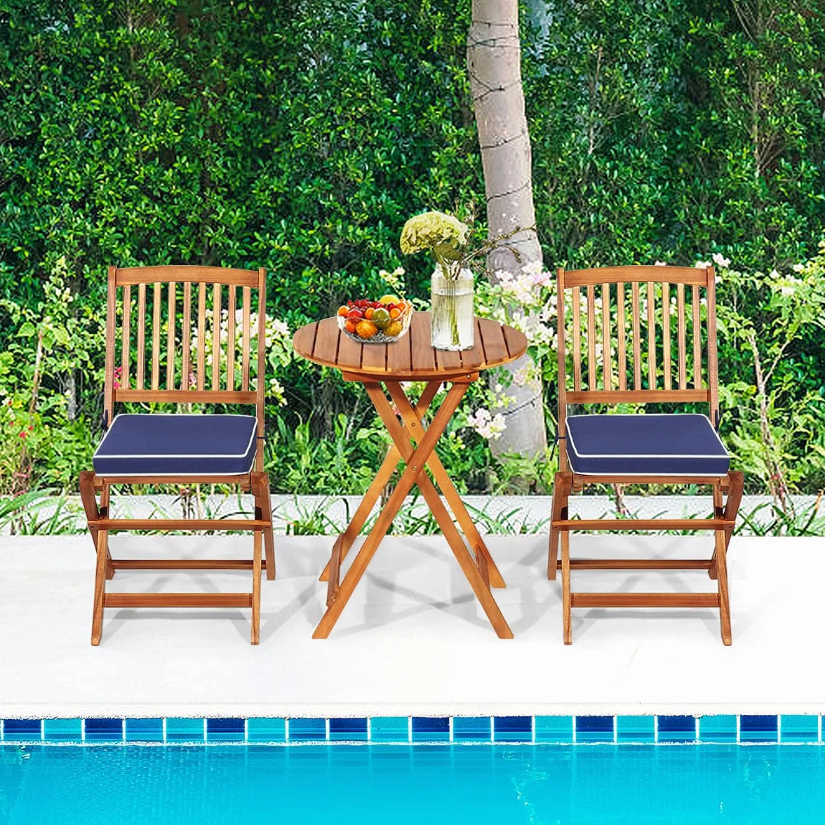 GOPLUS Salon de Jardin 2 Personnes Table Bistrot en Bois Acacia avec 2 Chaises et Coussins Amovibles 3PCS Pliante Terrasse (Bleu)