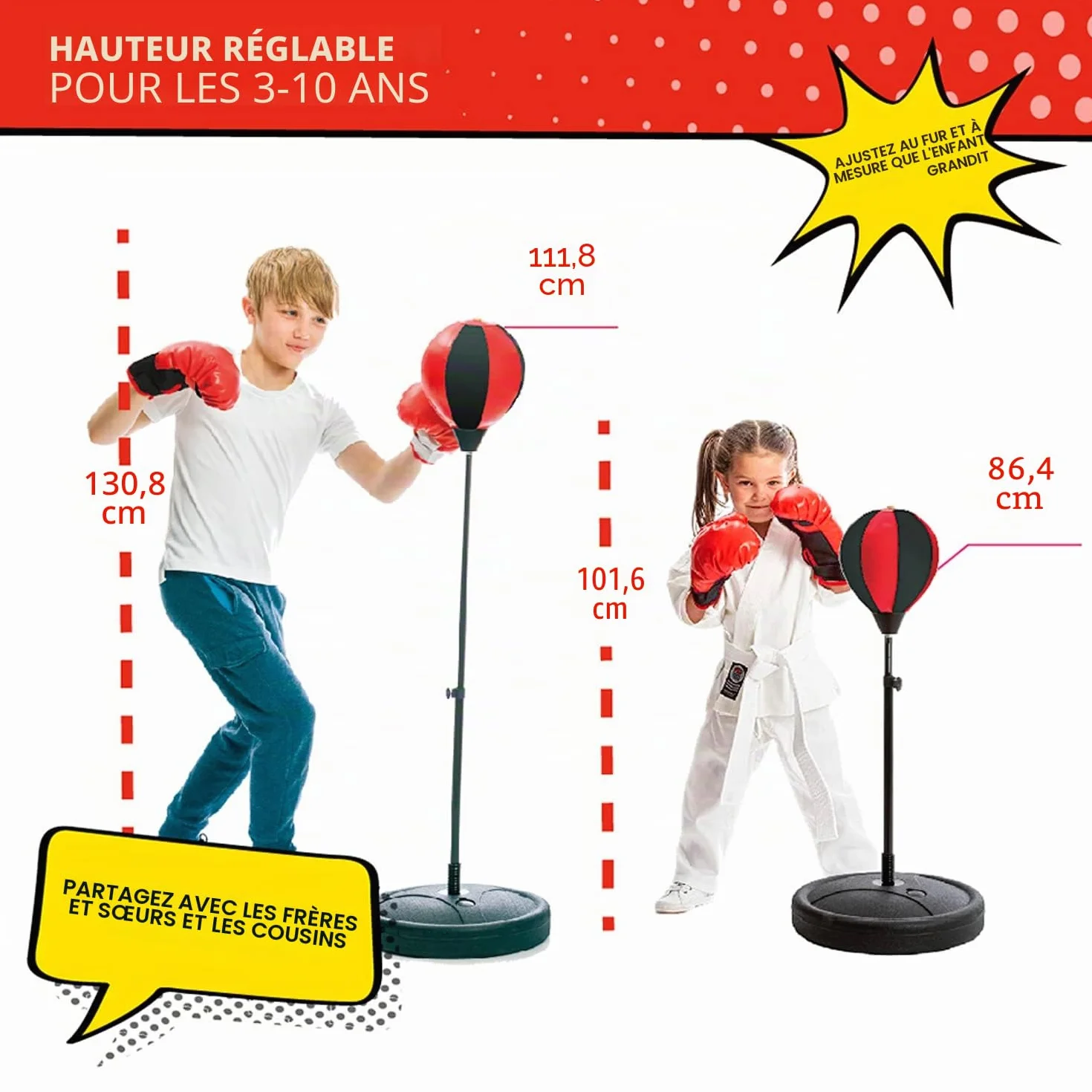 Whoobli Sac de Frappe pour Enfants avec Gants de Boxe | Sac de Frappe réglable avec Support | Sac de Boxe pour garçons et Filles