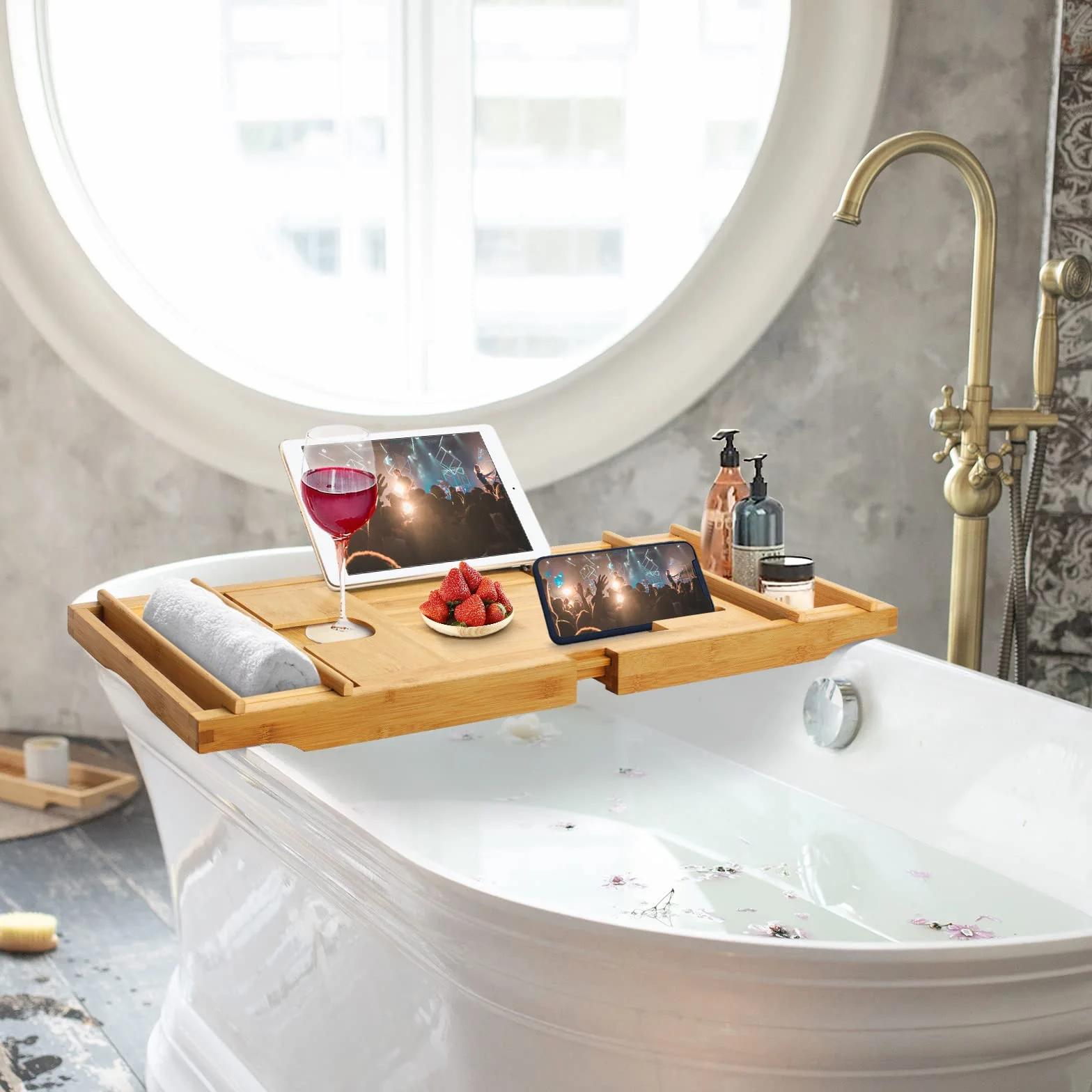 Todeco Pont de Baignoire Extensible Bambou, Plateau Planche avec Porte-Livre, Porte-Verre, Porte-Bougie et Support pour Téléphone, Noir
