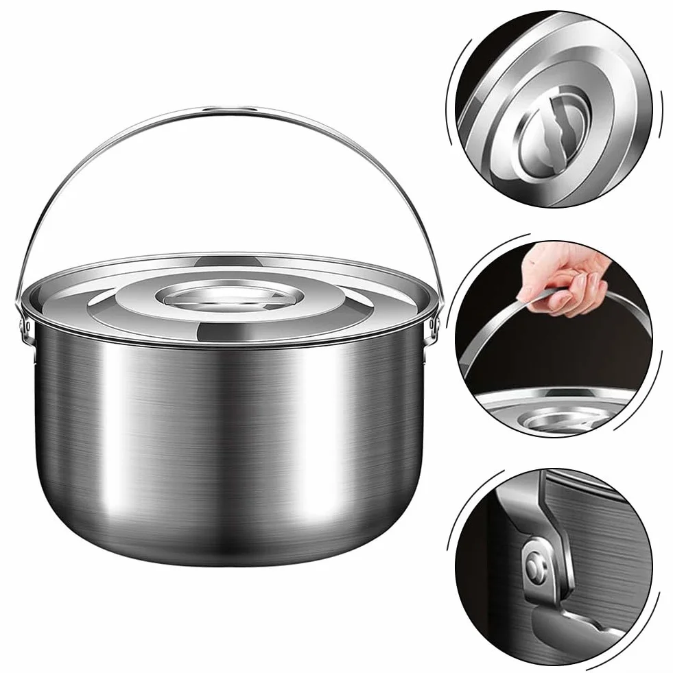 Casserole de camping en acier inoxydable avec couvercle et poignée - 1,4 L/2,4 L/4 L/6 L - Batterie de cuisine d'extérieur pour feu de camp, ragoût, bouillir et pique-niques (4 L)