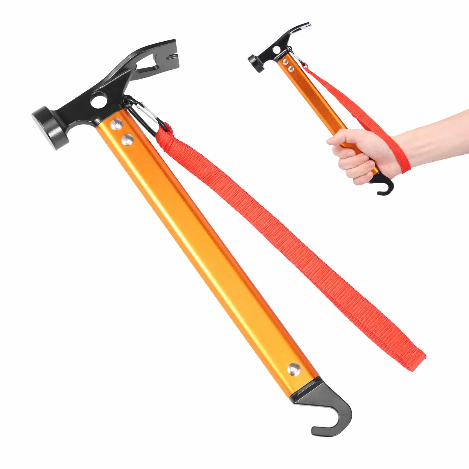 Marteau de camping robuste avec extracteur de sardines, dragonne, orange