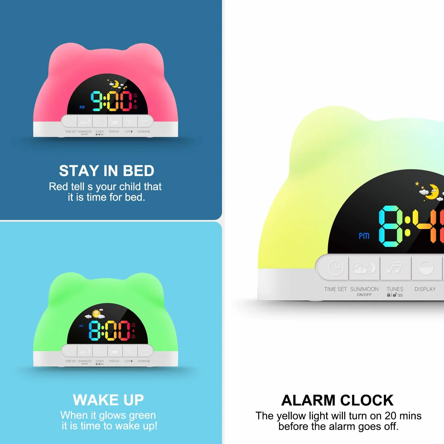 Réveil Numérique Enfant avec Veilleuses RGB, Snooze, Câble USB