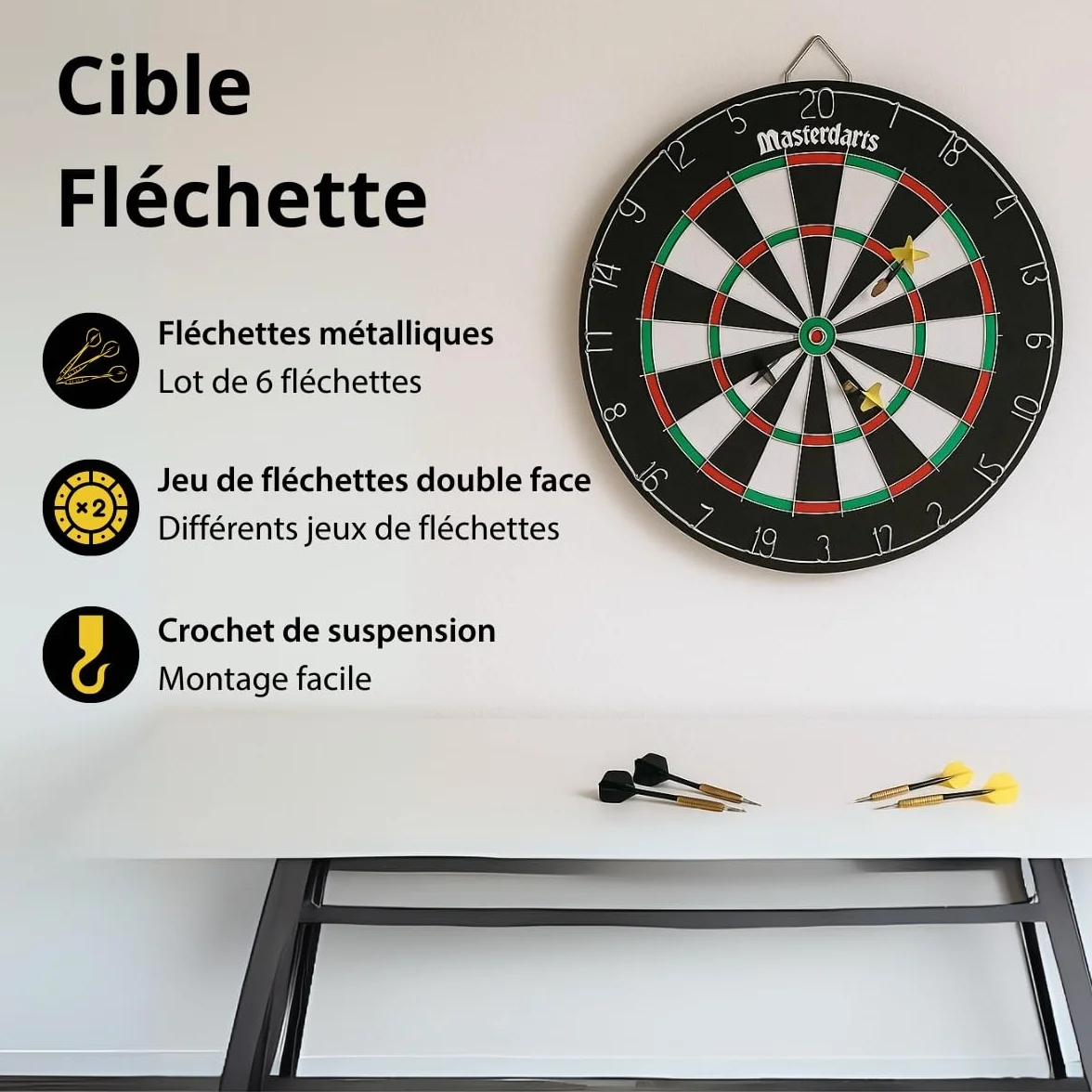 MasterArts Cible Fléchette – Jeu de Flechette 45 cm – avec 6 Projectiles À Pointe Métallique – Cible Double‑Face – avec Crochet De Suspension – Amusement chez Soi Ou Pub