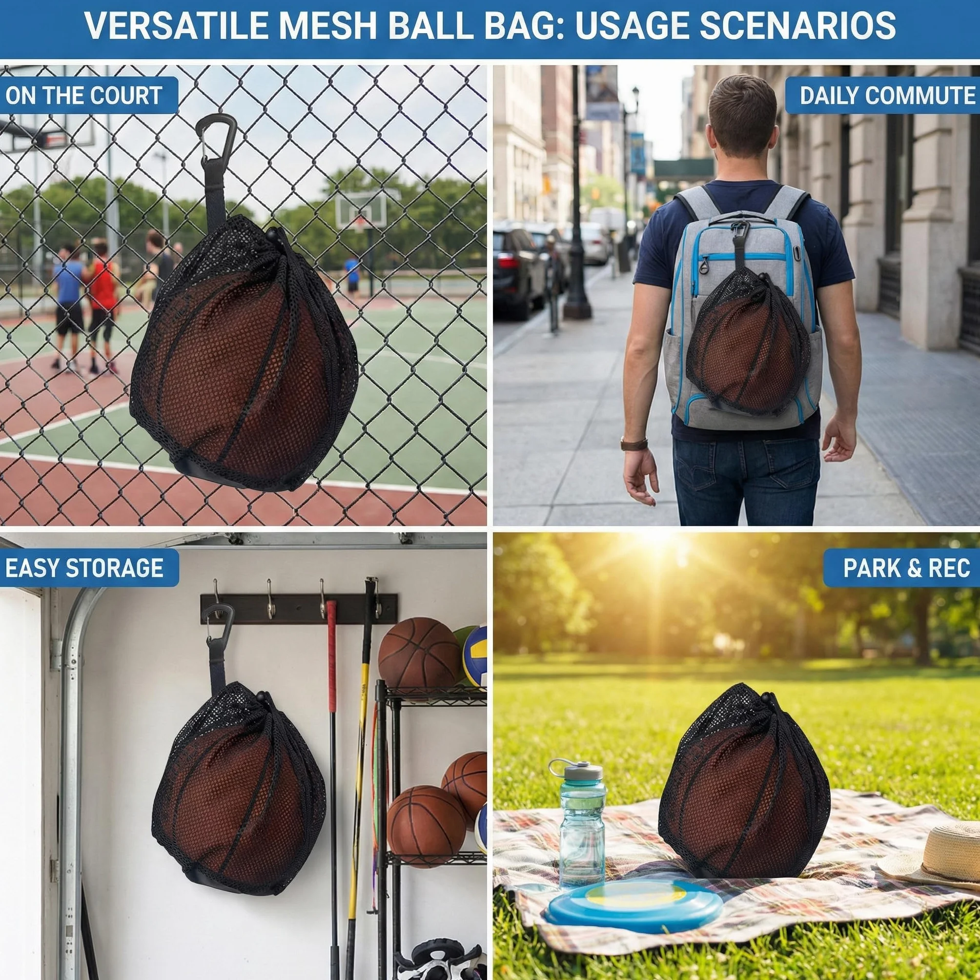 Sac de ballon avec filet pour 2 ballons, poche zippée, sac à dos portable avec mousqueton et cordon de serrage, pour basketball, football, handball, volley-ball et rugby, durable et pratique
