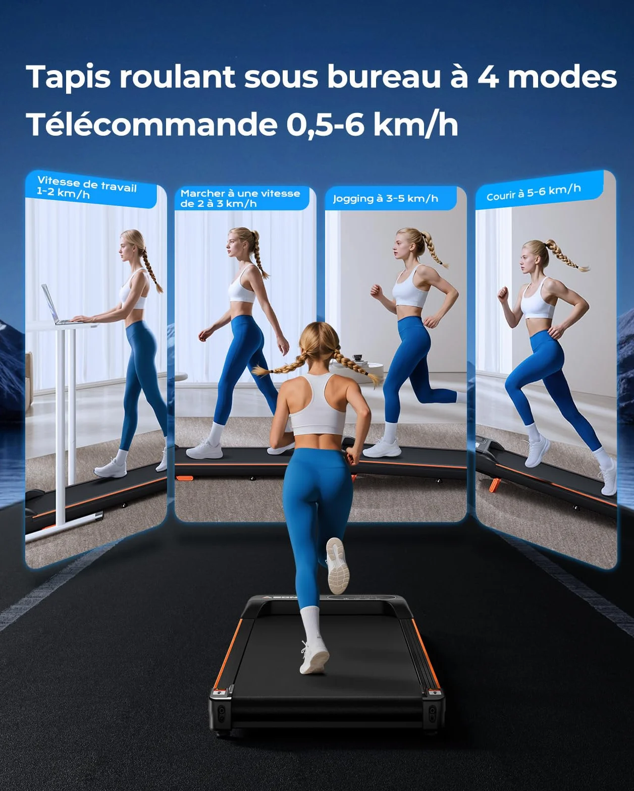 Tapis de Marche avec Inclinaison, 1-6 km/h, 8%, Tapis Roulant Portable à Placer sous Un Bureau, Appareil de Fitness pour la Maison ou Le Bureau, Machine de Marche silencieuse