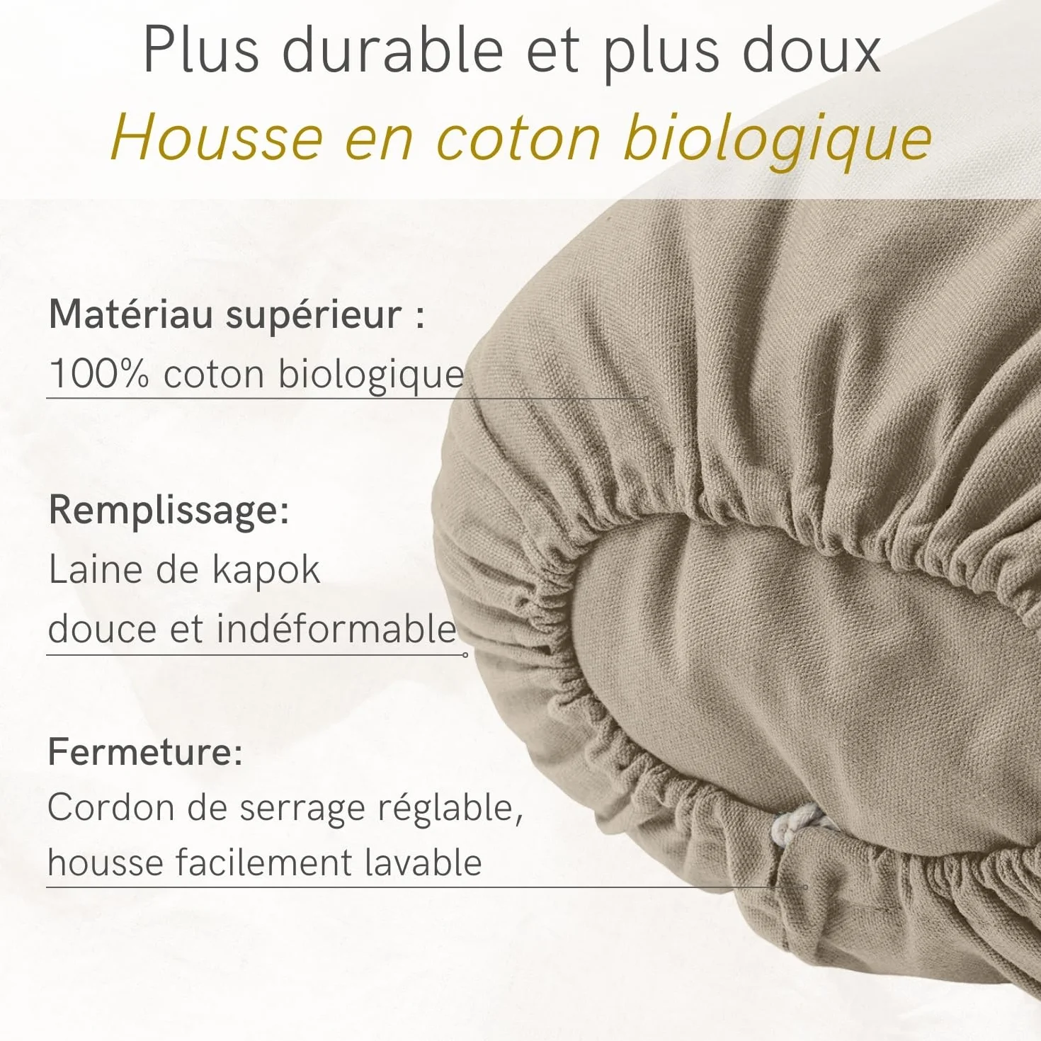 LOTUSCRAFTS Bolster de yoga pour Yin Yoga, rouleau, housse lavable en coton bio, coussin avec rembourrage en kapok, rouleau pilates, coussin de medidation