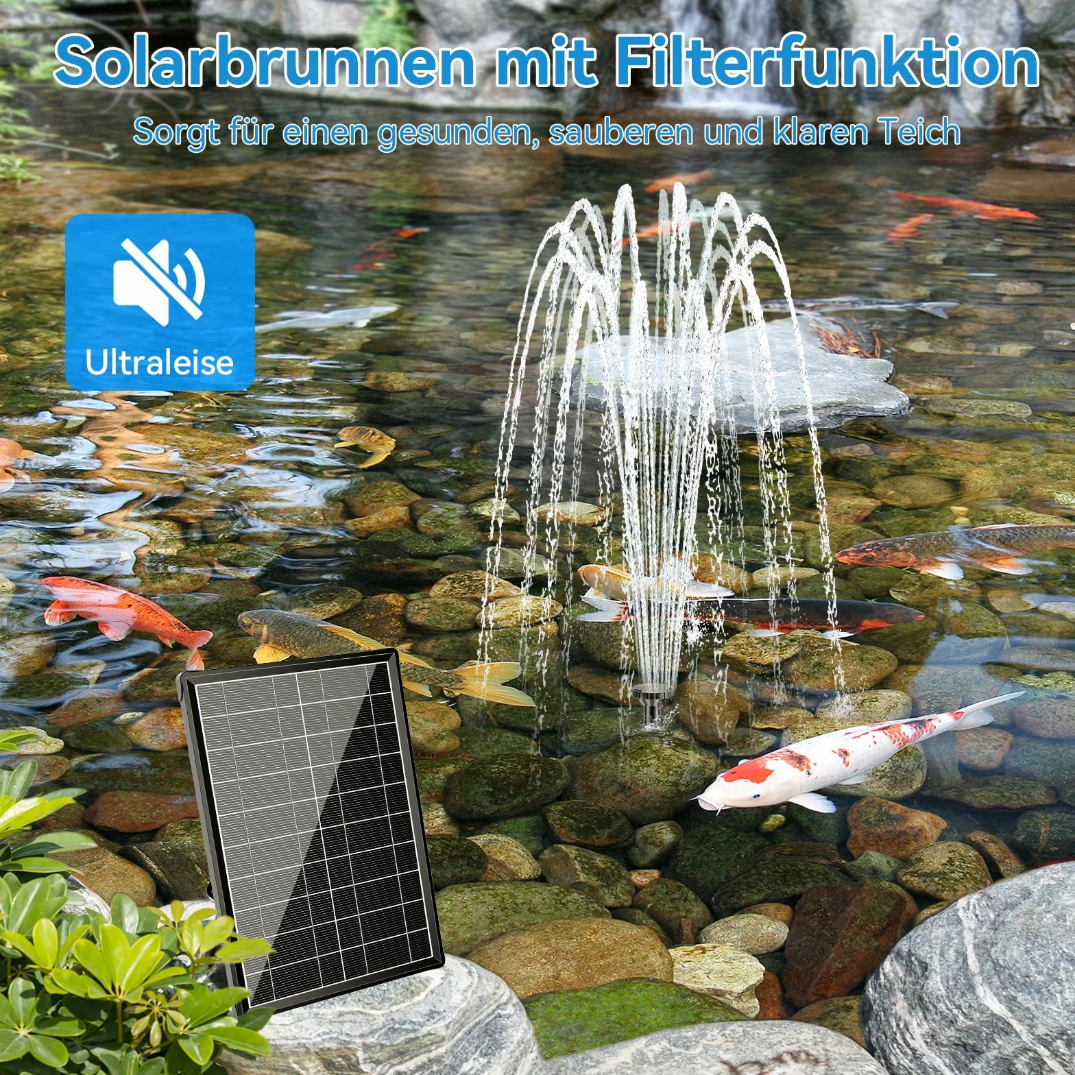 POPOSOAP Fontaine Solaire 8W avec Batterie 3000mAh Filtre Bassin - 8 Modes Pulvérisation Tuyau 1.5m pour Étangs Extérieurs
