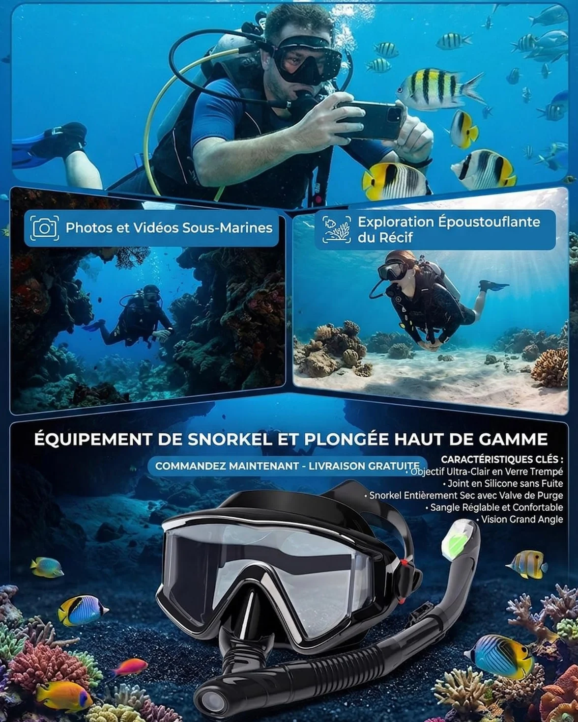 Masque de Plongée avec Vision Panoramique 180°,Masque Tuba Adulte Anti-Buée et Anti-Fuite avec Verre Trempé HD, Lunette Tuba Snorkeling RéGlable pour Natation, Plongée et Apnée