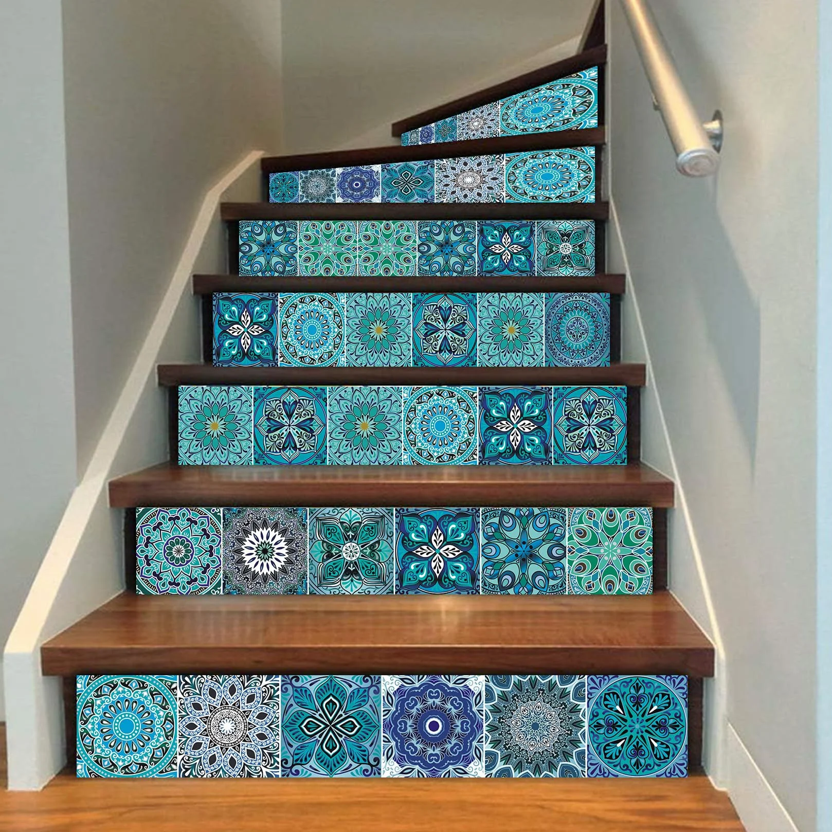 Carreaux Autocollants Décoratifs Bleu Mandala 15x15cm Lot de 24 Stickers Carrelage Imperméables PVC Cuisine Salle de Bain