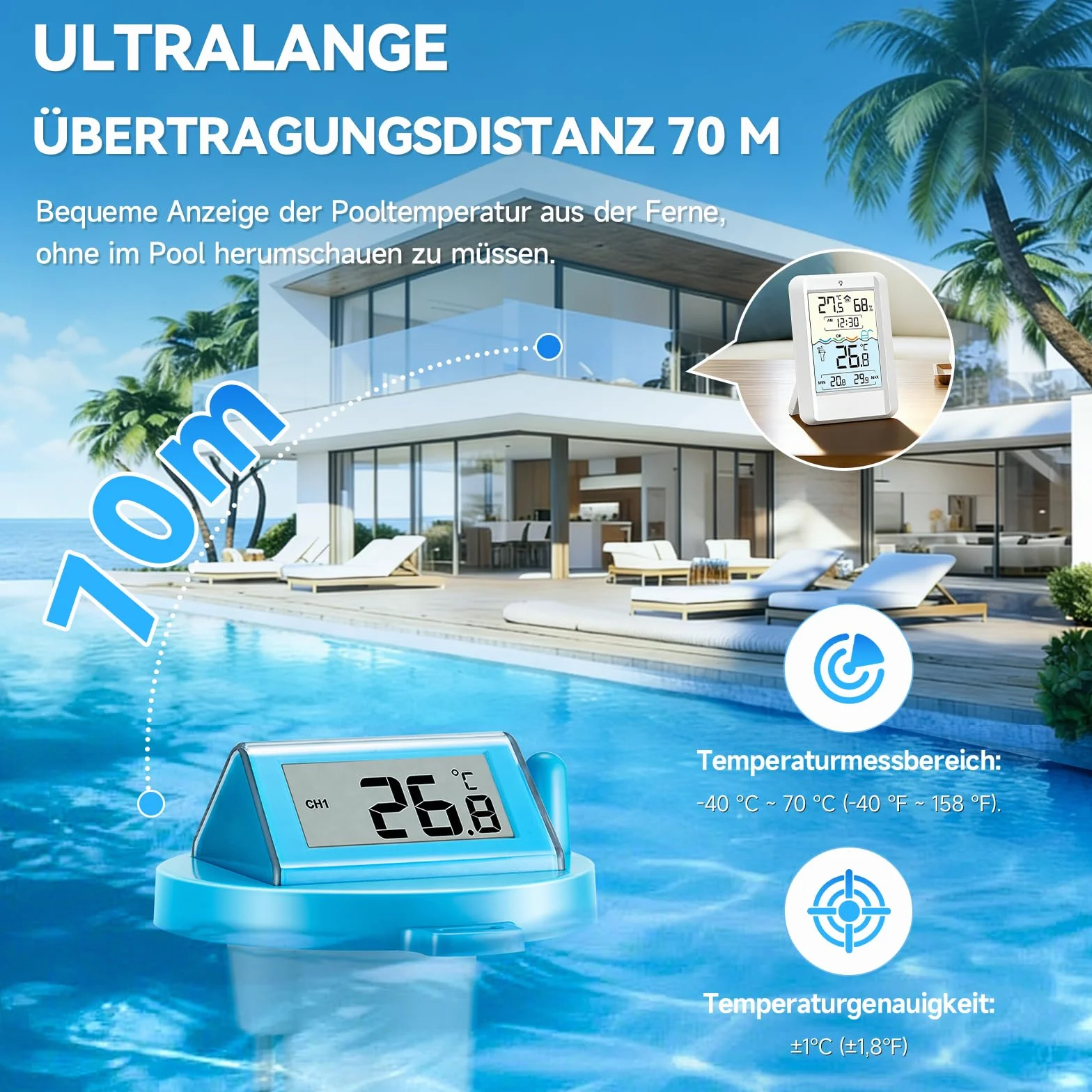 Warmfay Thermomètre de piscine numérique sans fil solaire batterie IP68 récepteur 70 m