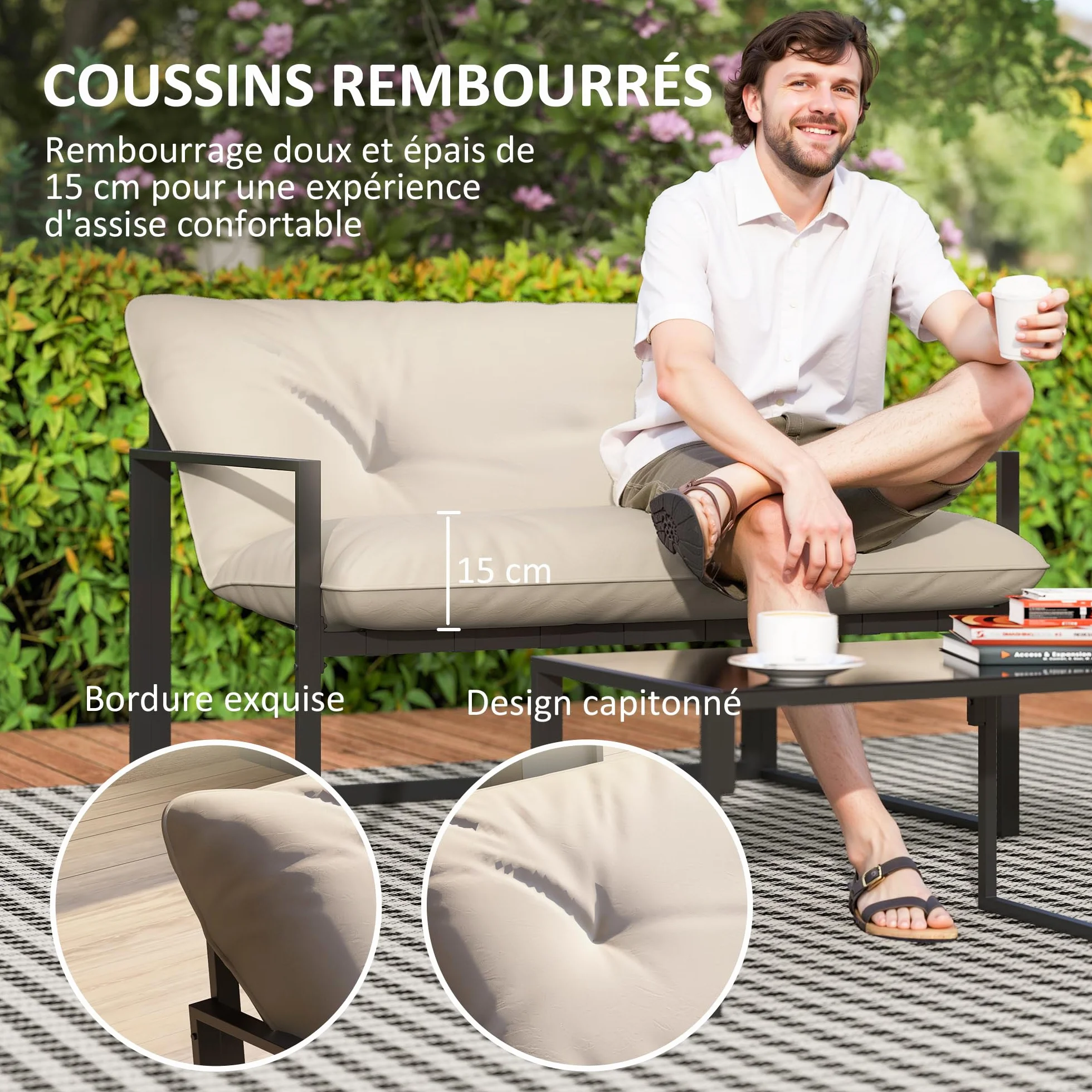 Outsunny Salon de Jardin 4 pièces Coussins Ultra-épais 15cm Ensemble mobilier Bas pour terrasse Canapé 2 Places Table Basse 2 Fauteuils Cadre Acier Noir