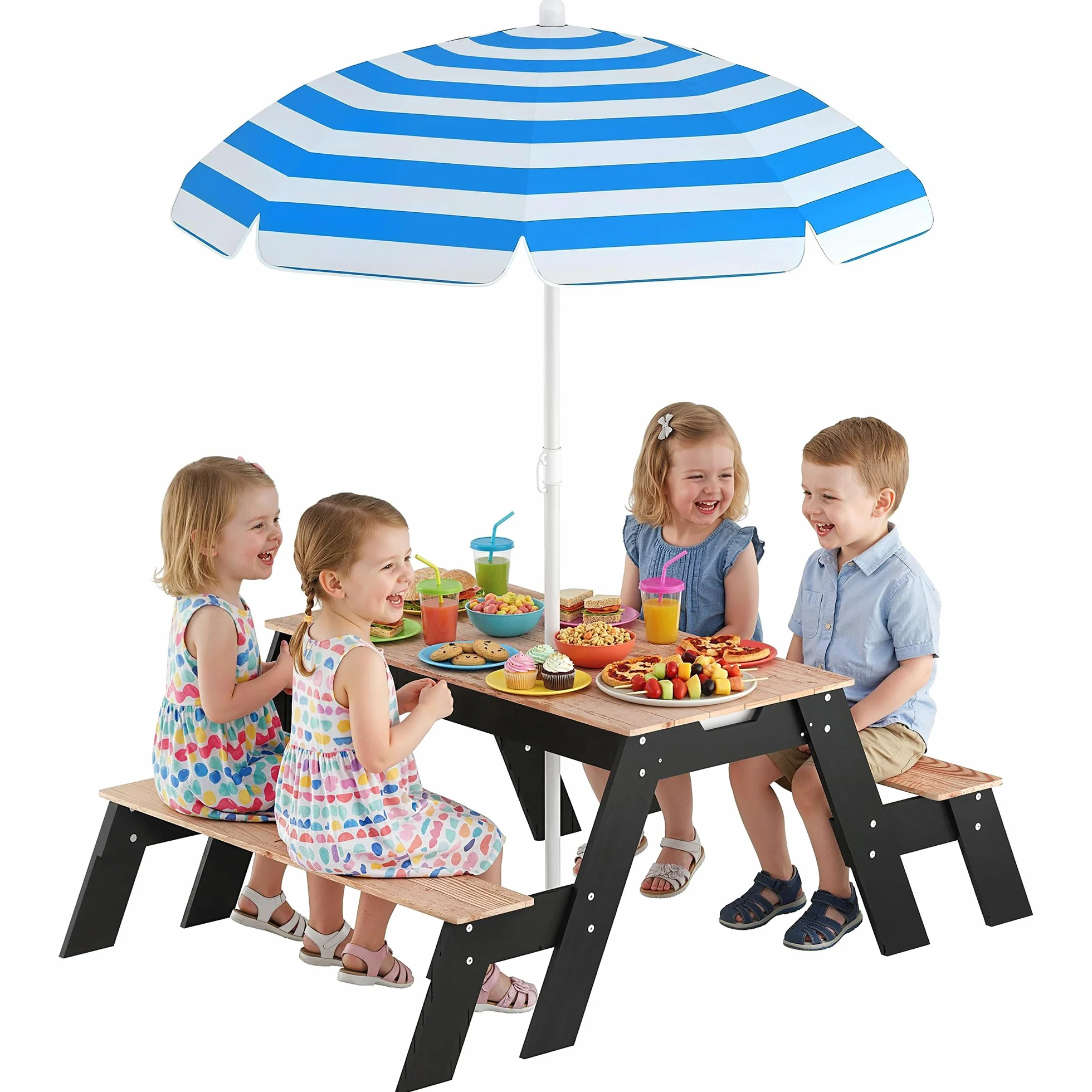 AIYAPLAY Table de Pique-Nique Enfants avec Parasol Amovible 3 en 1 Salon de Jardin en Bois pour Enfants 3-6 Ans Charge 50 kg