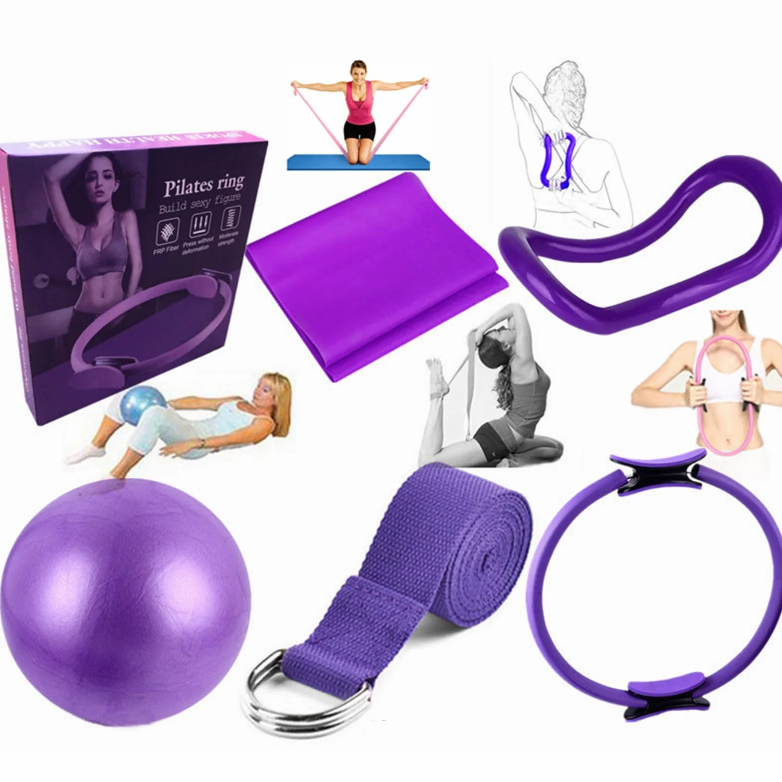Set de Pilates et de Yoga 6 pièces - Kit Maison avec Bandes de résistance, Anneaux pour Jambes, Bras et Cuisses