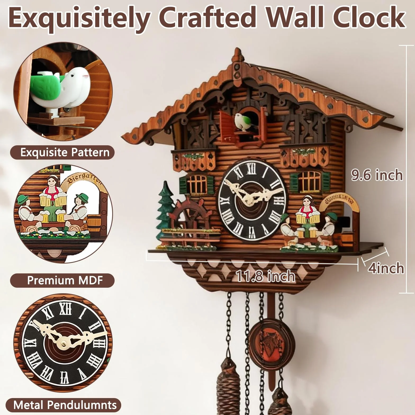 Horloge coucou en bois fait main avec oiseau - Horloge murale à quartz antique avec contrôle du volume