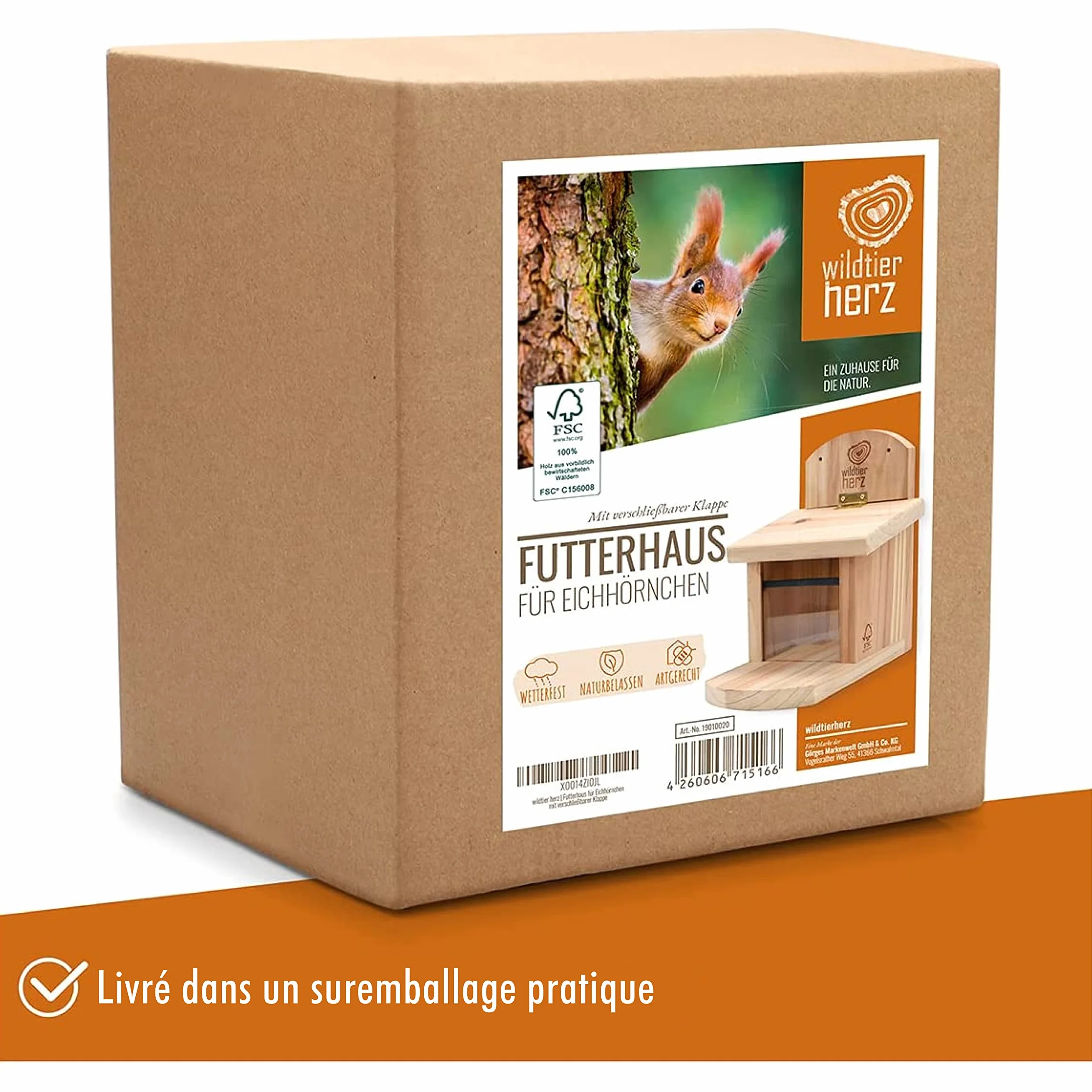 Mangeoire Écureuil en Bois Massif - Distributeur de Nourriture Animaux Imperméable