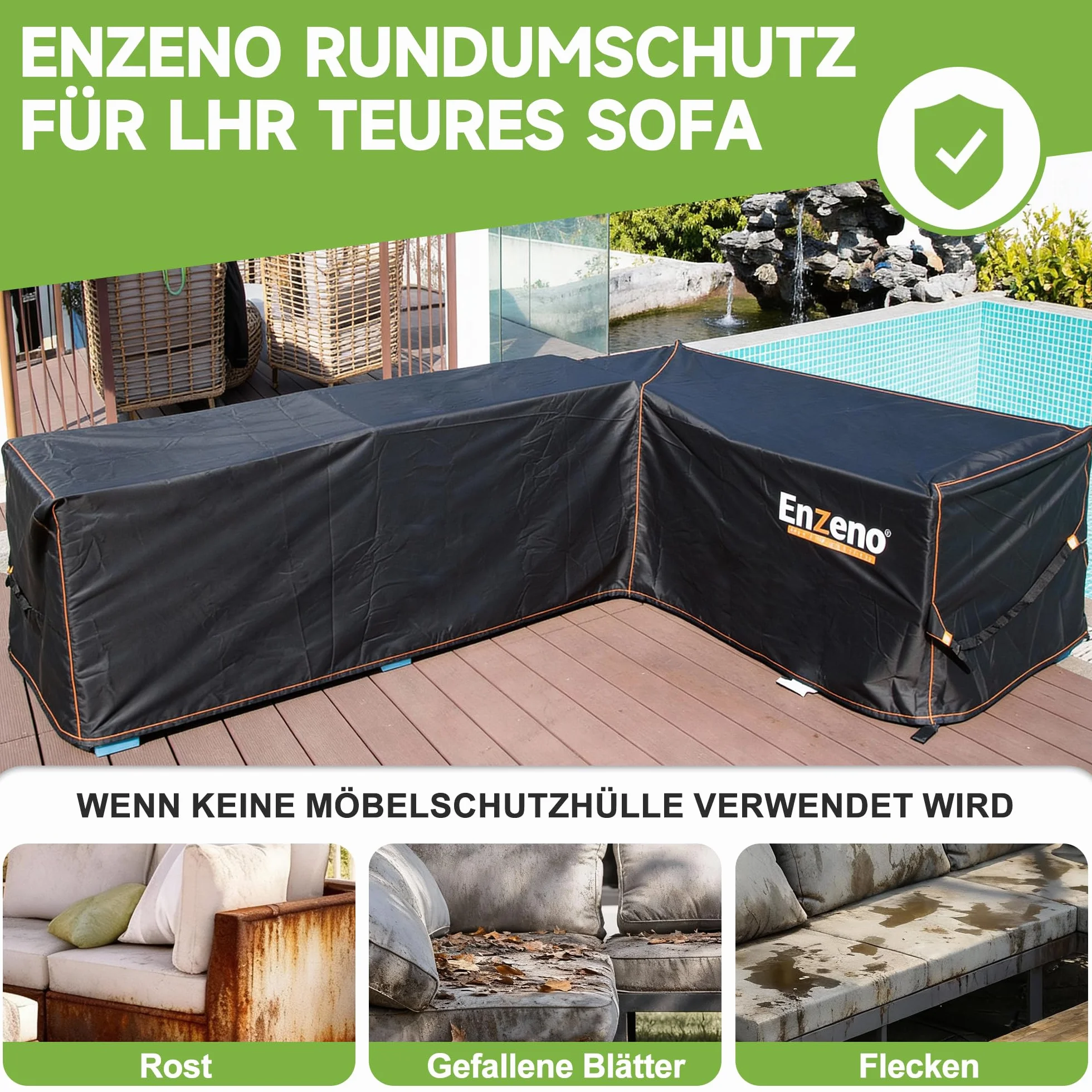 Enzeno Housse Protection Meubles Jardin Imperméable Coupe-Vent Canapé Angle Extérieur 255x255x87cm