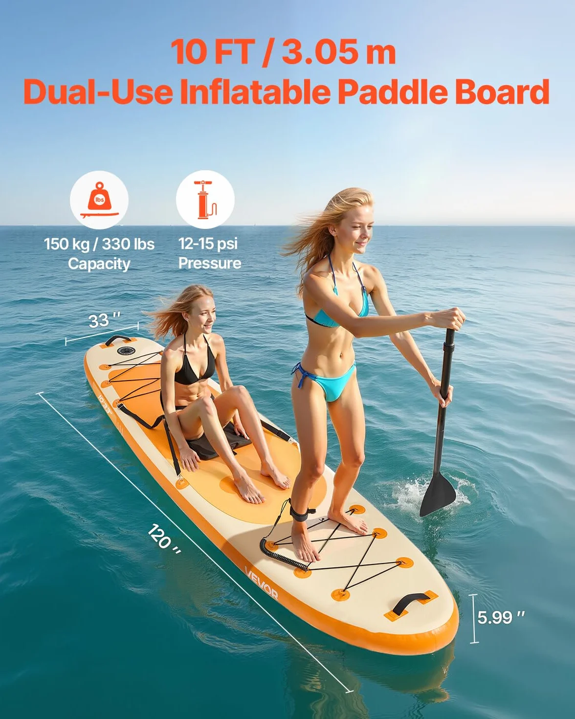 VEVOR Paddle gonflable avec siège, 304,8 x 83,8 x 15,2 cm, planche à pagaie debout sup ultra-légère avec accessoires, pompe, pagaie, aileron, sac à dos, laisse de cheville, sangle, pour jeunes adultes