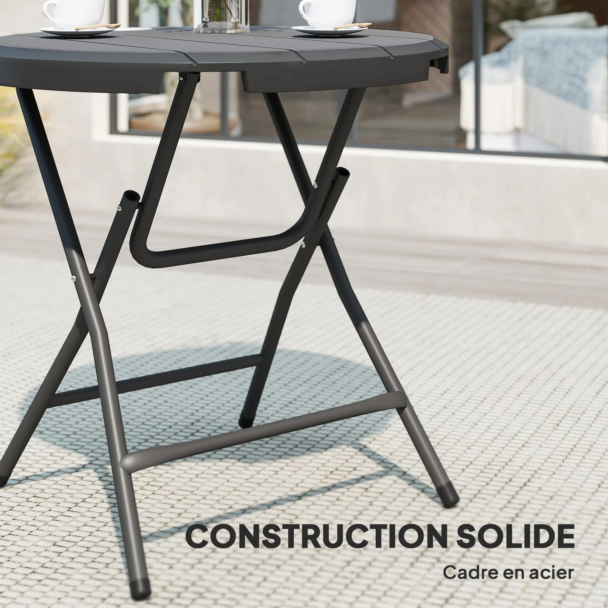 Outsunny Table Ronde Jardin 4 Personnes HDPE Acier Ø 80 x 73 cm Gris foncé