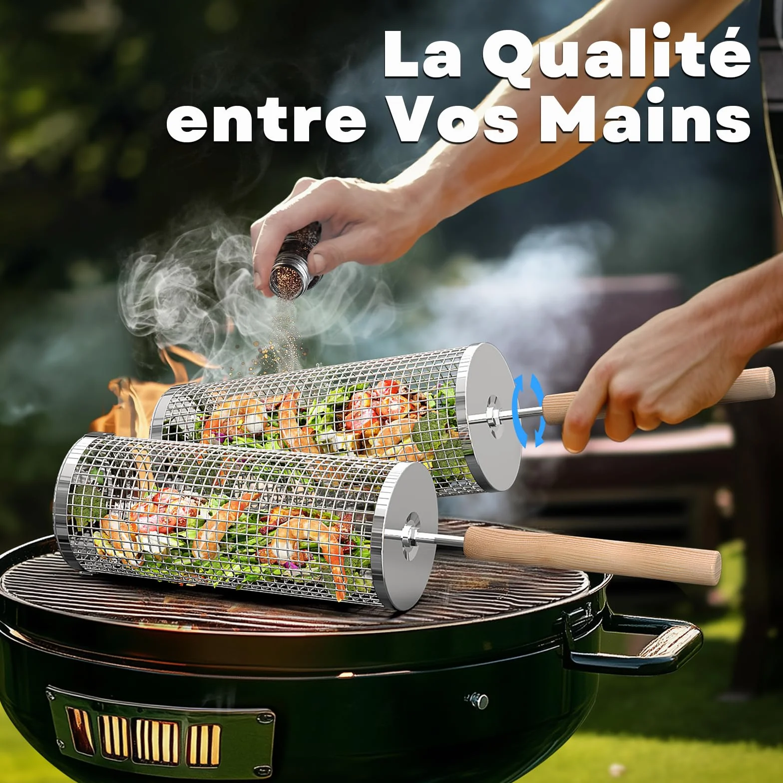 Panier à Barbecue Roulant en Acier Inoxydable 304, Poignée Détachable, Gigogne, Accessoires Grille à Légumes