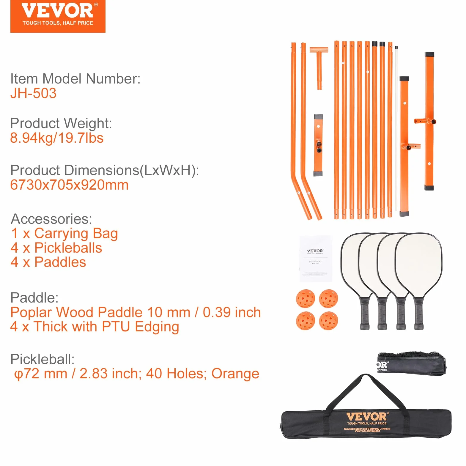 VEVOR Ensemble de filet de pickleball, système de pickleball portable de 6,7 m de taille réglementaire avec sac de transport, balles et pagaies, cadre en métal stable résistant aux intempéries et