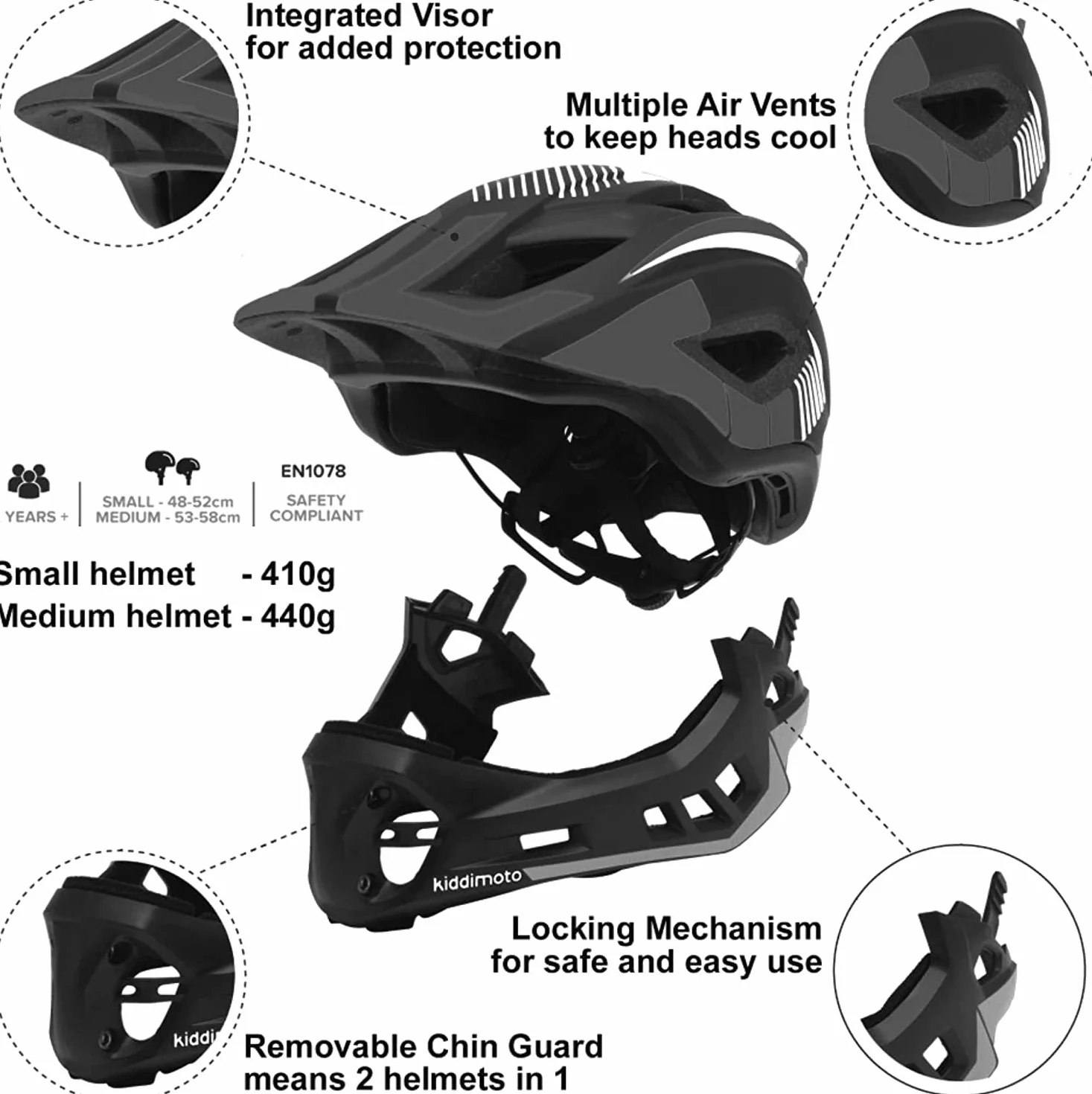 KIDDIMOTO Casque vélo intégral Noir S Plastique KMHFF05S