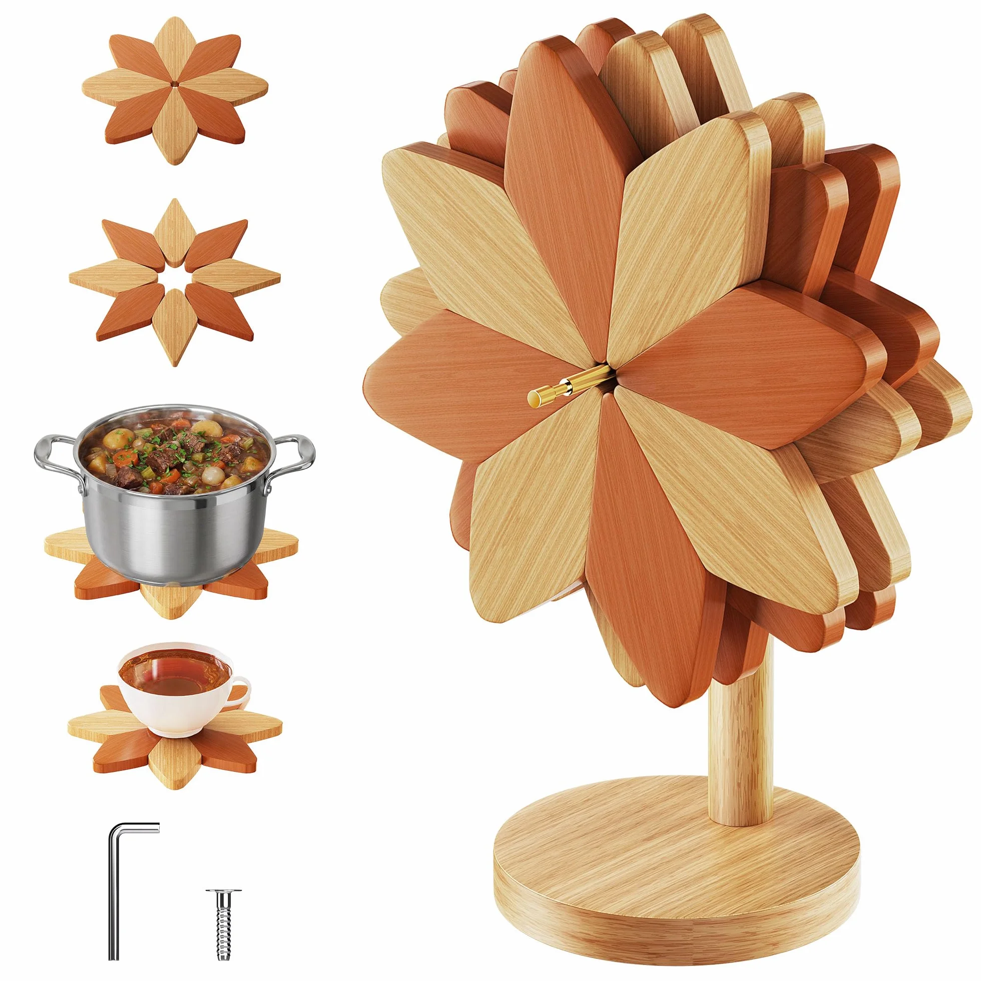 Dessous de Plat Isolé en Bois et Bambou Marron Beige 15cm Résistant Plats Chauds Décoratif Pratique