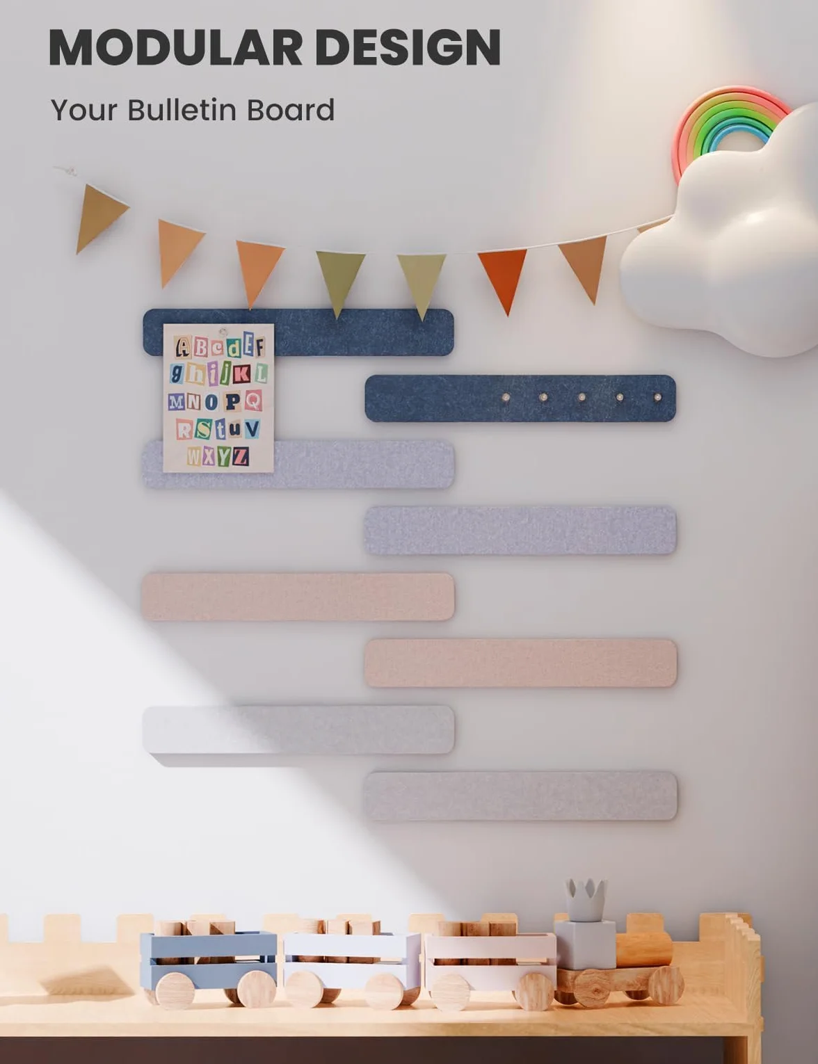 Tableau Feutrine pour Bureau 33x5 cm, Lot de 8 Panneaux Muraux Feutre Autocollante avec 30 Punaises, Gris chiné
