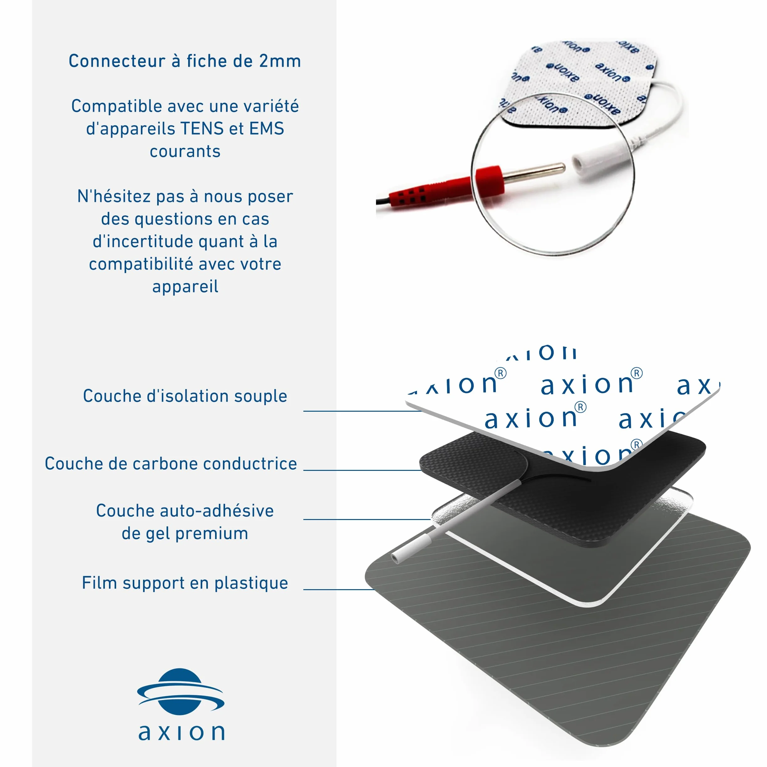 16 électrodes axion | Patchs 10x5 cm et 5x5 cm pour électrostimulateur TENS et/ou EMS réutilisables et autocollants avec connexion filaire de 2 mm