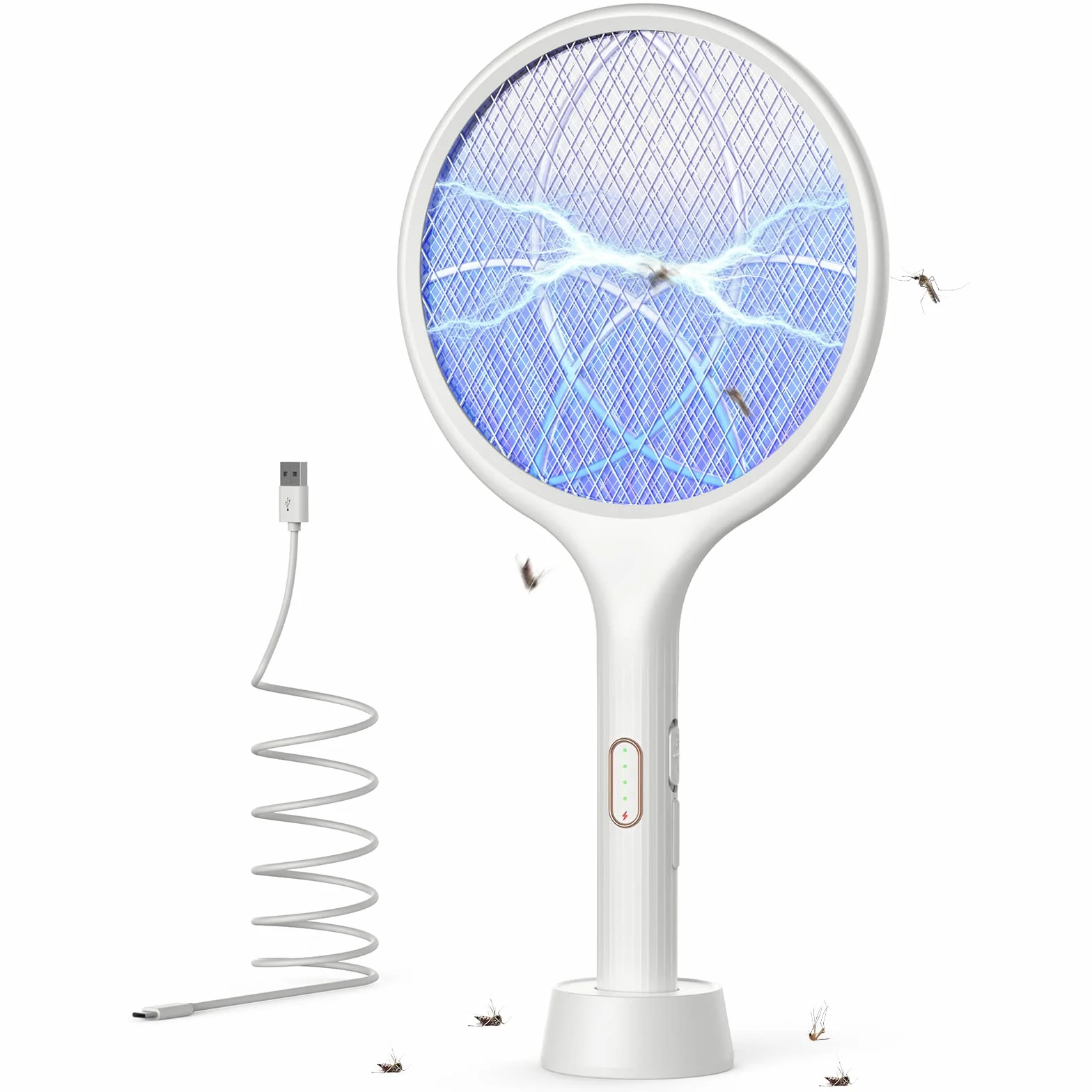 YISSVIC Raquette Electrique Insectes 4000 V 1500 mAh Rechargeable avec Base Stable, Blanc