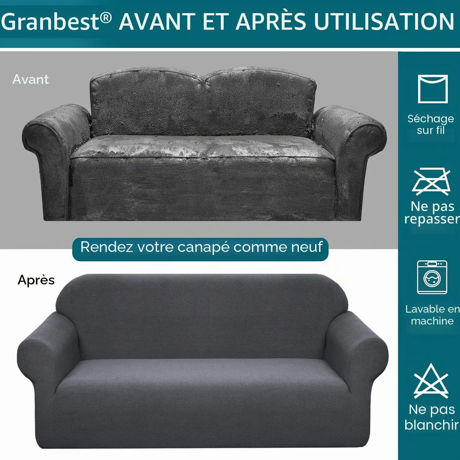 Granbest Housse de canapé stretch imperméable jacquard 3 places gris